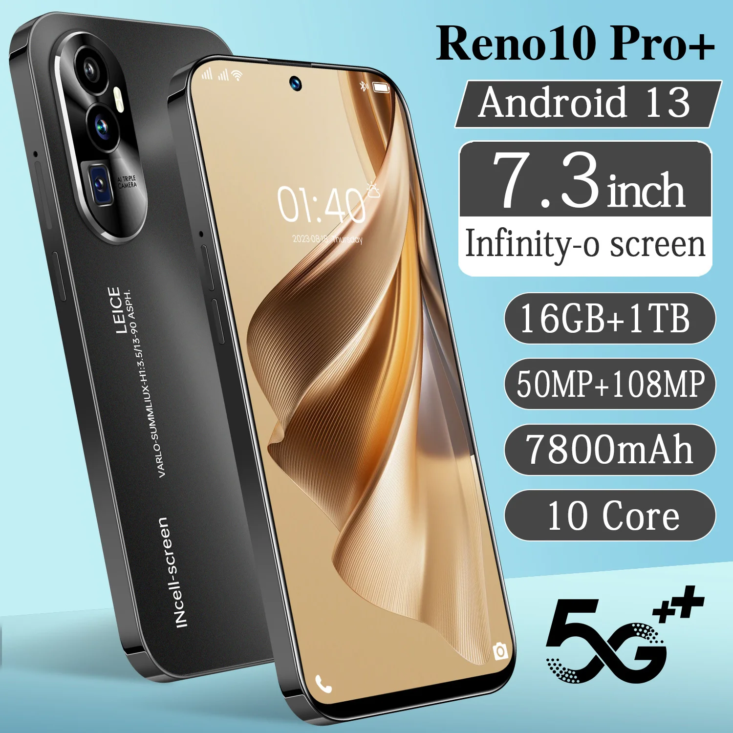 Smartphone Reno10 Pro+ 5G: display HD+ da 7,3" 16 GB + 1 TB 108 MP + 50 MP Doppia fotocamera Batteria da 7800 mAh Snapdragon 8 Gen 2 Android 13