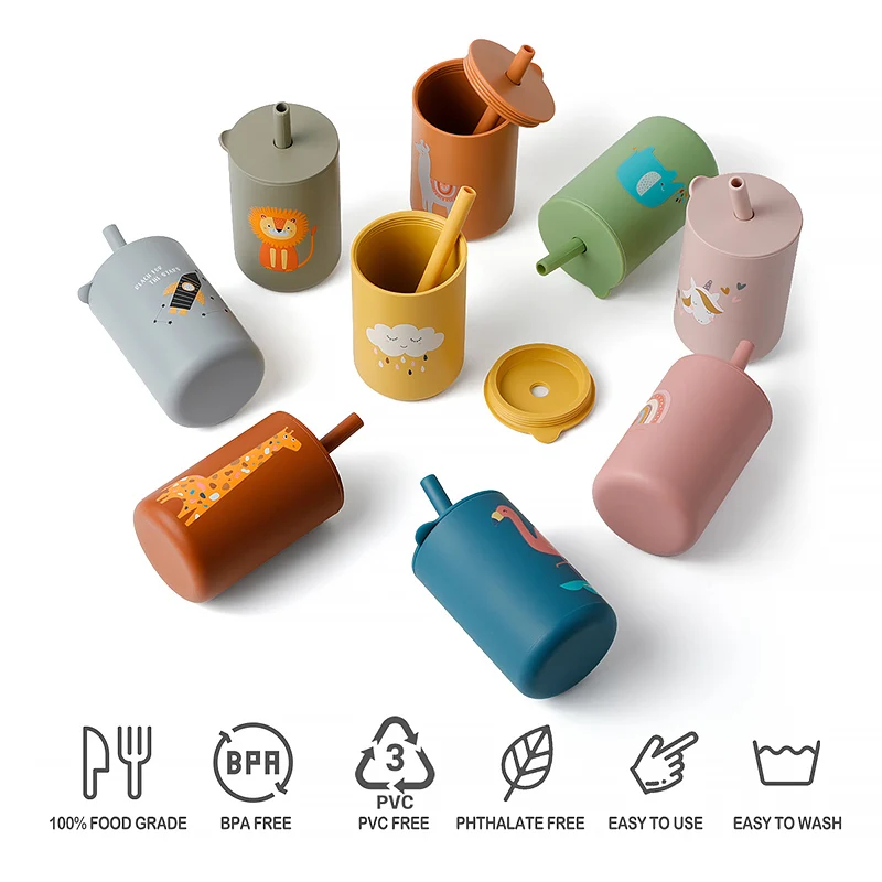 เด็ก Feeding Drinkware ถ้วยฟางเด็กการ์ตูนการเรียนรู้ถ้วยให้อาหารซิลิโคนเกรดอาหารเด็กวัยหัดเดินขวดน้ําบนโต๊ะอาหาร BPA ฟรี