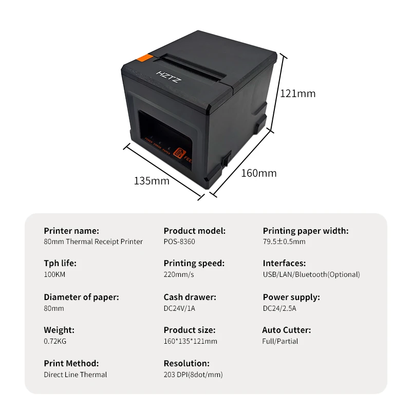 HZTZ 80mm termiczna drukarka pokwitowań HZ-8360 automatyczny nóż restauracja kuchnia drukarka POS USB LAN Bluetooth