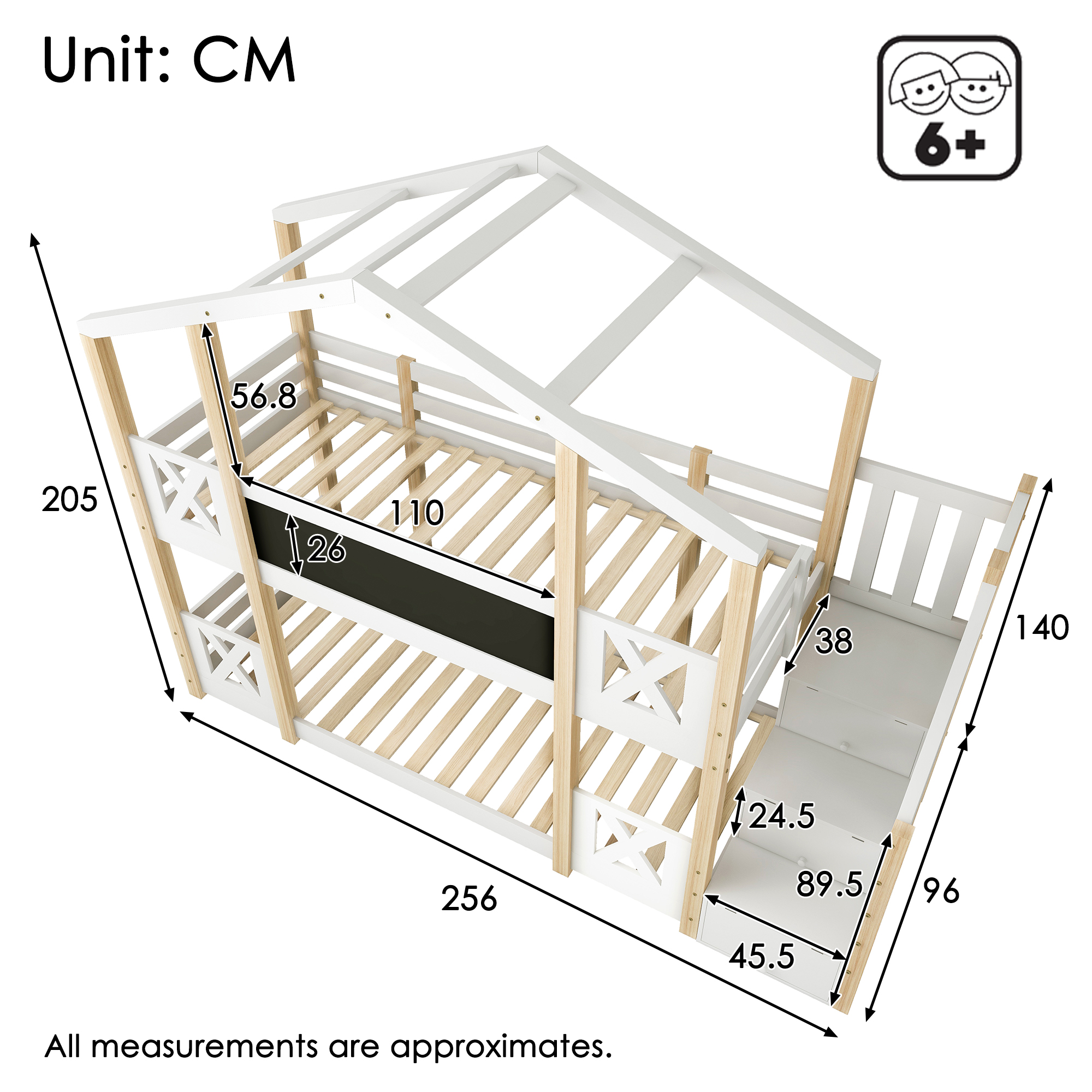 Lit superposé enfant 90x200 cm style maisonnette, escaliers, rangements et protections anti-chute, bois naturel et blanc