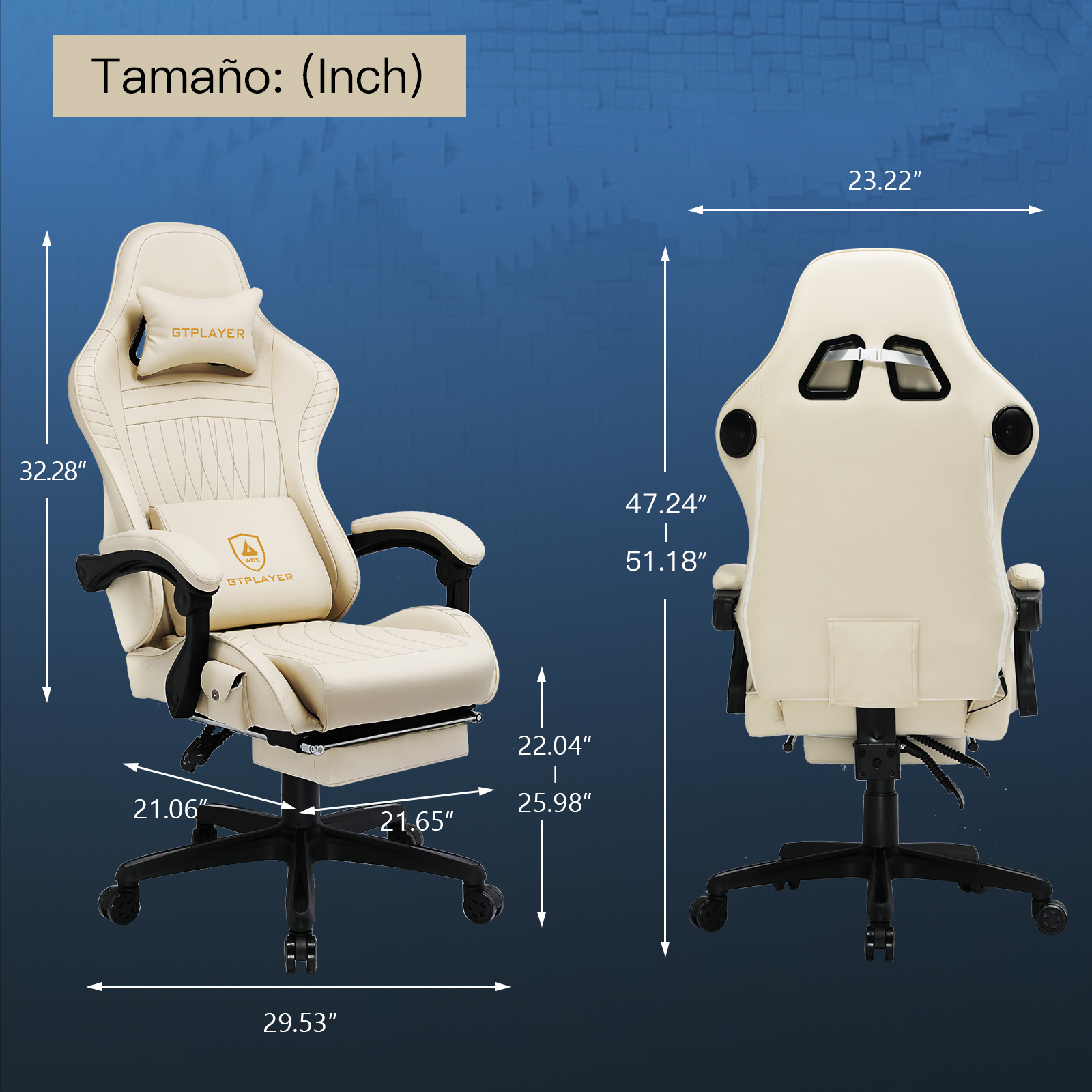 GTPLAYER Silla Gaming Reposapiés Altavoz Bluetooth Silla Ergonómica Gamer Oficina Asiento Giratorio con Reposabrazos Sincronizados y Más Cojín Lumbar de Apoyo