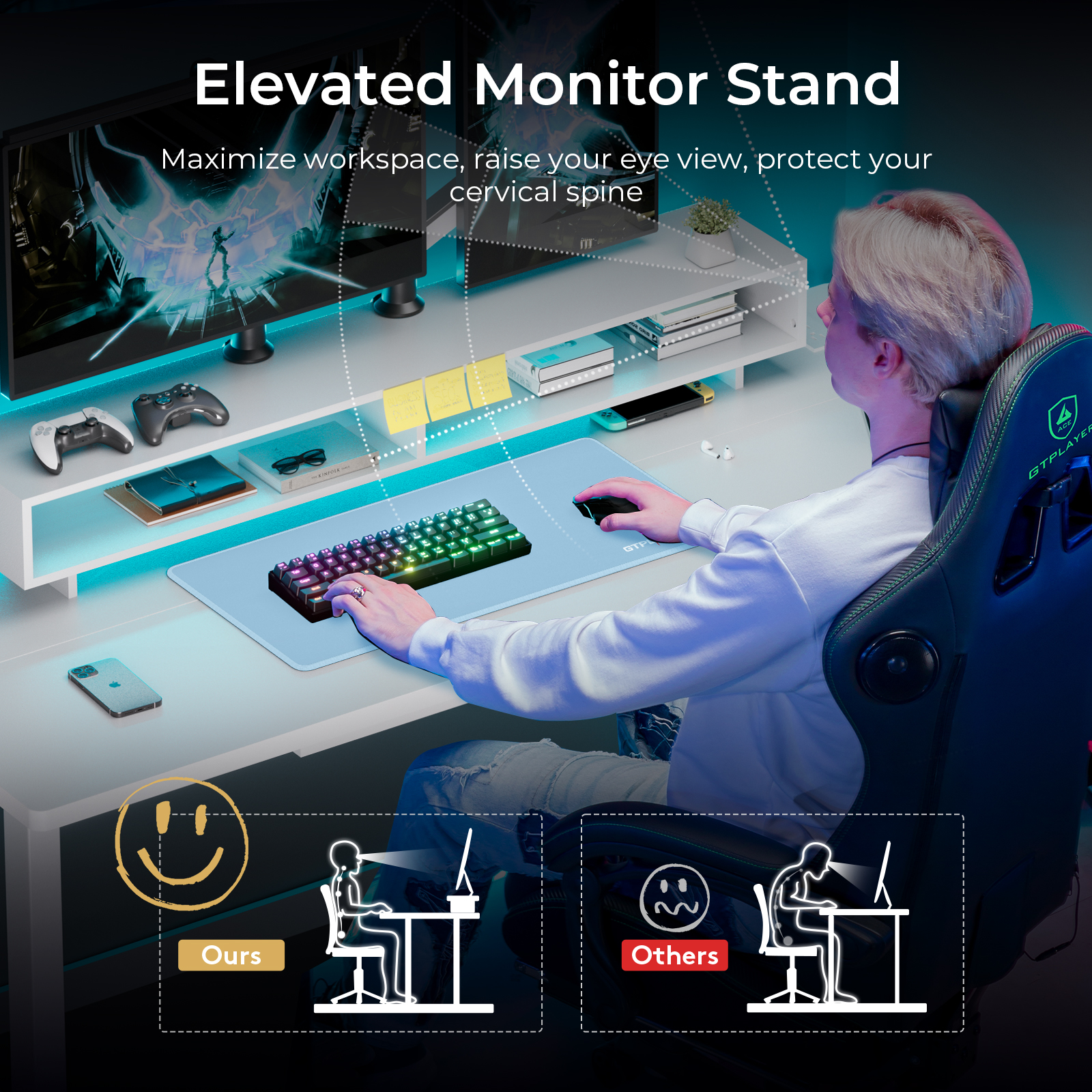 GTPLAYER Biurko Regulowane Elektrycznie 120x60 cm z Szufladami i Podstawką pod Monitor Biurko do Biura i Gier Białe