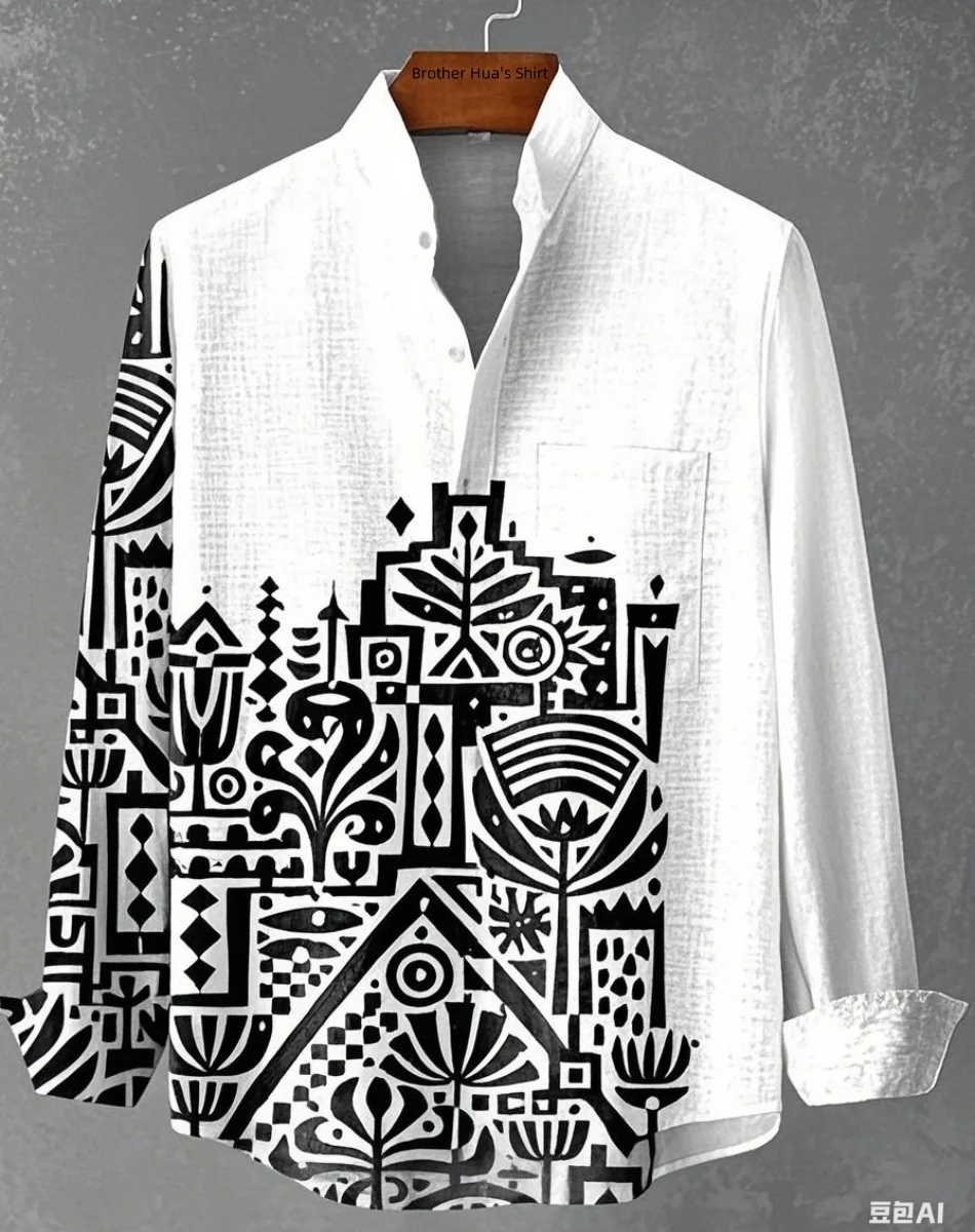 New Spring and Autumn Men's Stand Collar Linen Long Sleeve Shirt 3D Art Printing Simple Pattern Tops Men's Casual Shirt