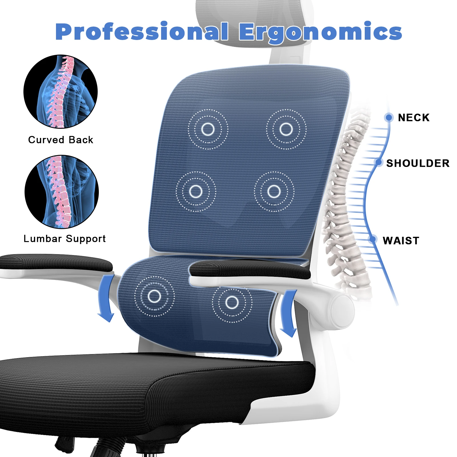Naspaluro Cadeira de escritório ergonômica Cadeira de mesa com apoio de braço dobrável Cadeira giratória para jogos com encosto respirável e altura ajustável