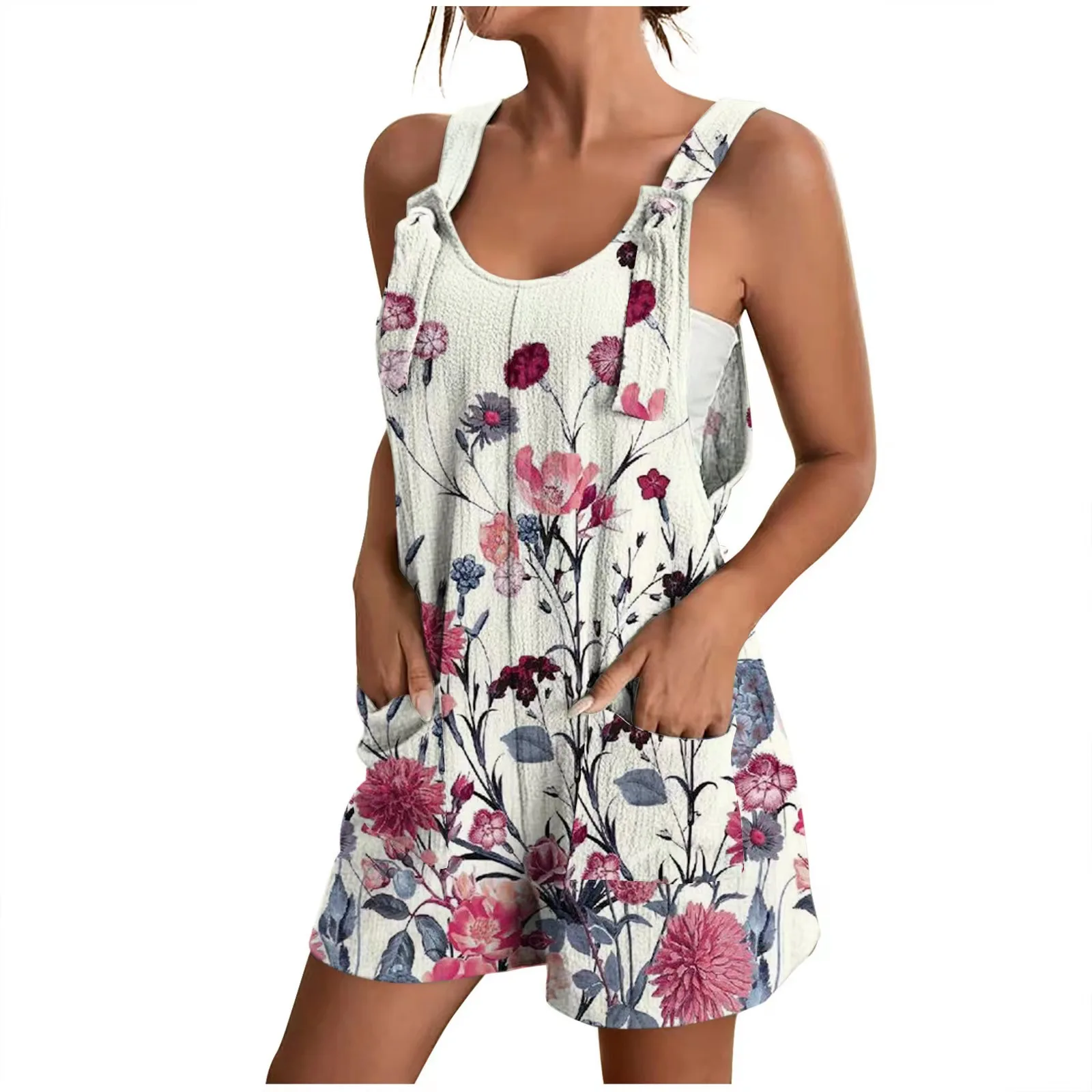Strampler für Damen, Sommer-Overalls mit weitem Bein, Shorts mit Bindeknoten und Trägern, bequemer, lässiger Overall mit Taschen