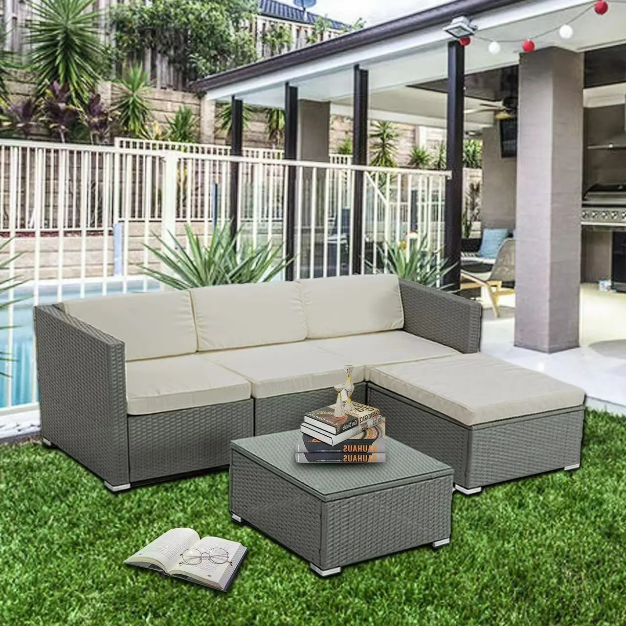 5pcs Rattan Garden Outdoor Furniture Patio Sofa Set Glass Coffee Table Outdoor Cushions for Garden or Conservato Rupert