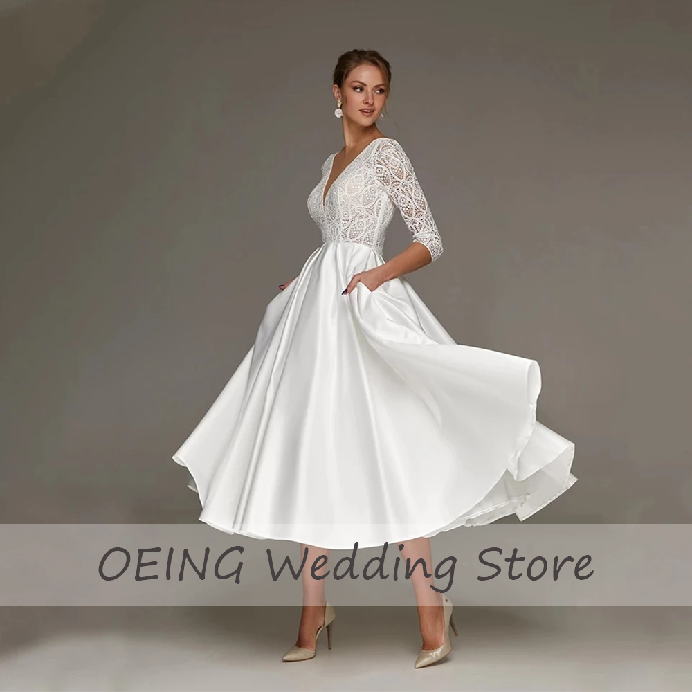 Kurze Hochzeit Kleid Spitze V-ausschnitt 3/4 Ärmeln Midi Hochzeit Kleid 2023 Weiß Satin Tee Länge EINE Linie Einfache Braut kleider für Frauen
