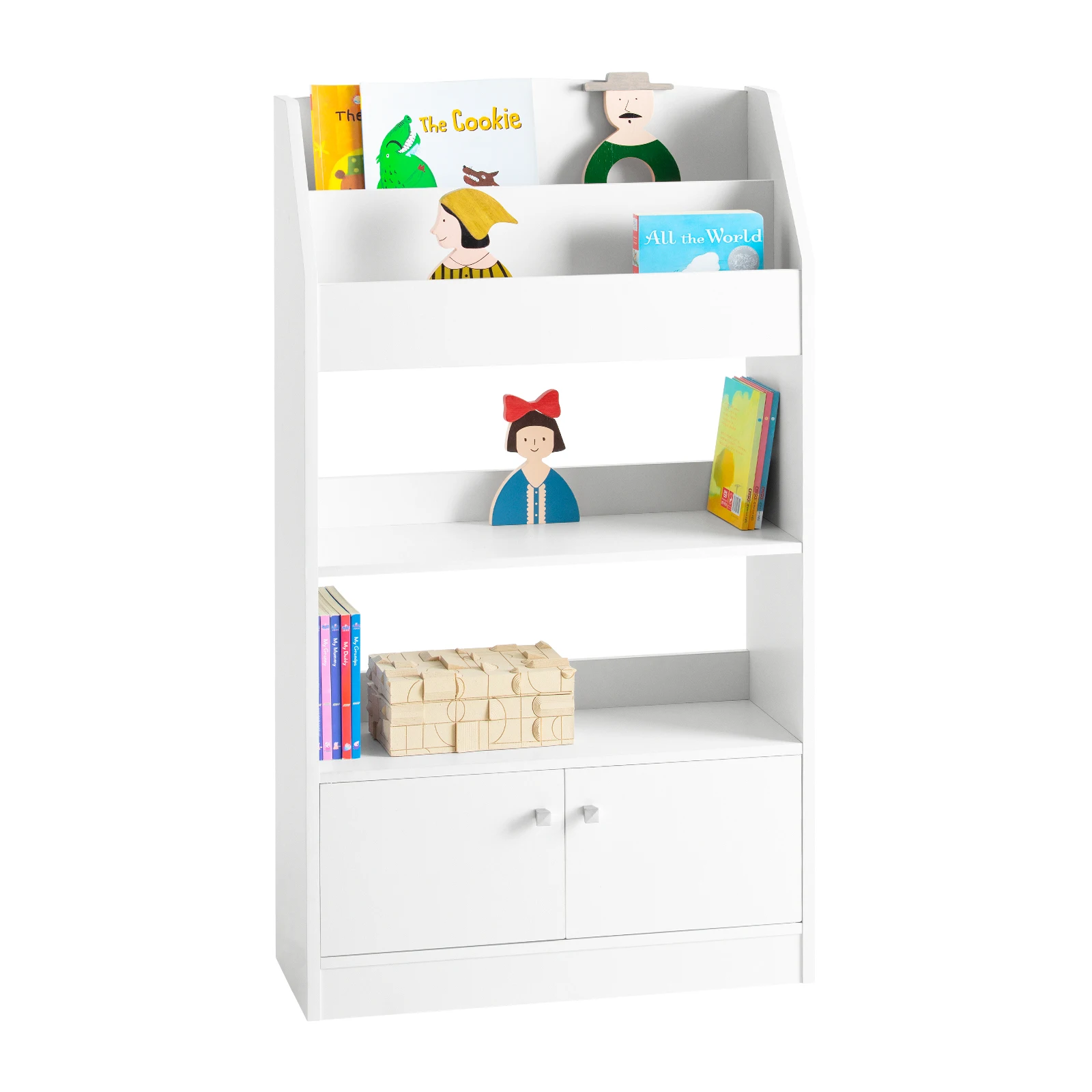 SoBuy KMB11-W Kinderregal Bücherregal Standregal für Kinder Bücherschrank mit 2 Ablagen, 2 Ablagefächern und 2 Türen
