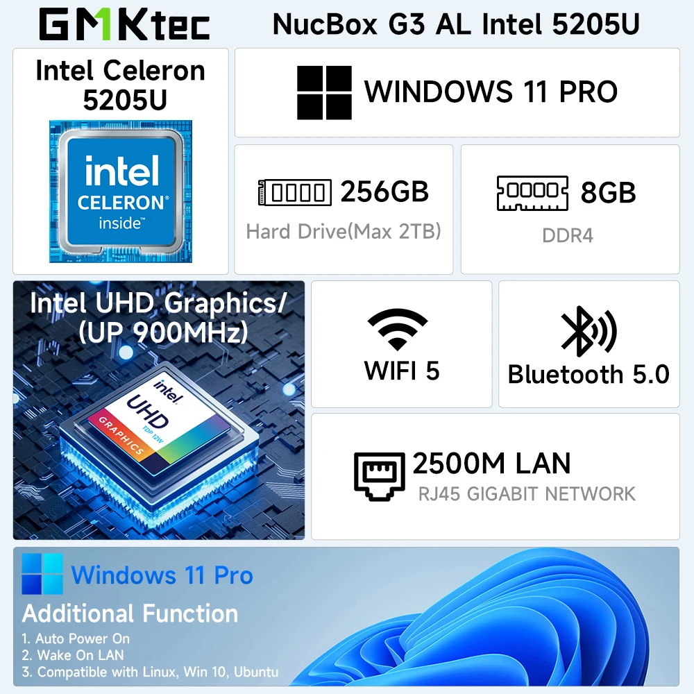 GMKtec G3 AL Mini PC Intel Celeron 5205U Windows 11 Pro 8GB RAM 256GB ROM Dual HDMI Desktop Mini Computador WiFi 5 BT4.2