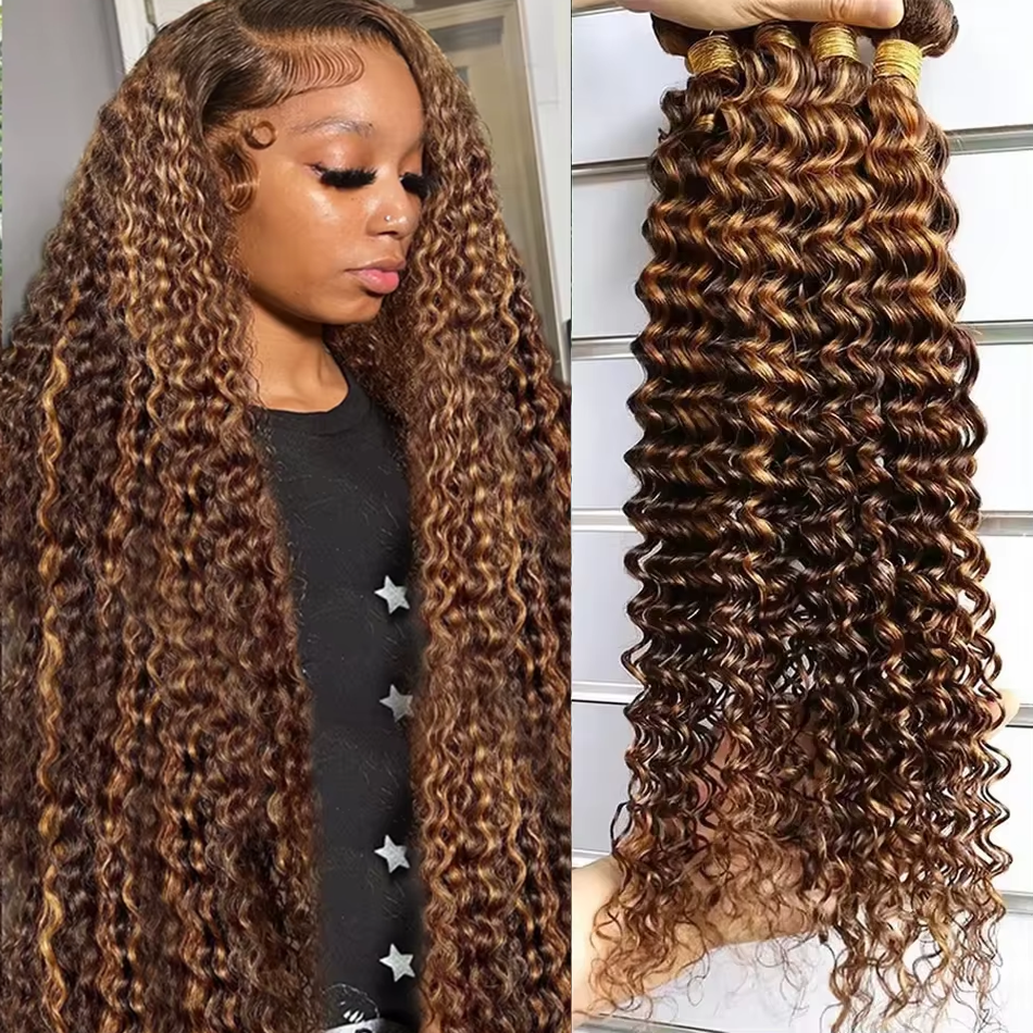 Пучки человеческих волос с глубокими волнами P4/27 Выделенные вьющиеся человеческие волосы 3-4 пучка Коричневые пучки бразильских волос