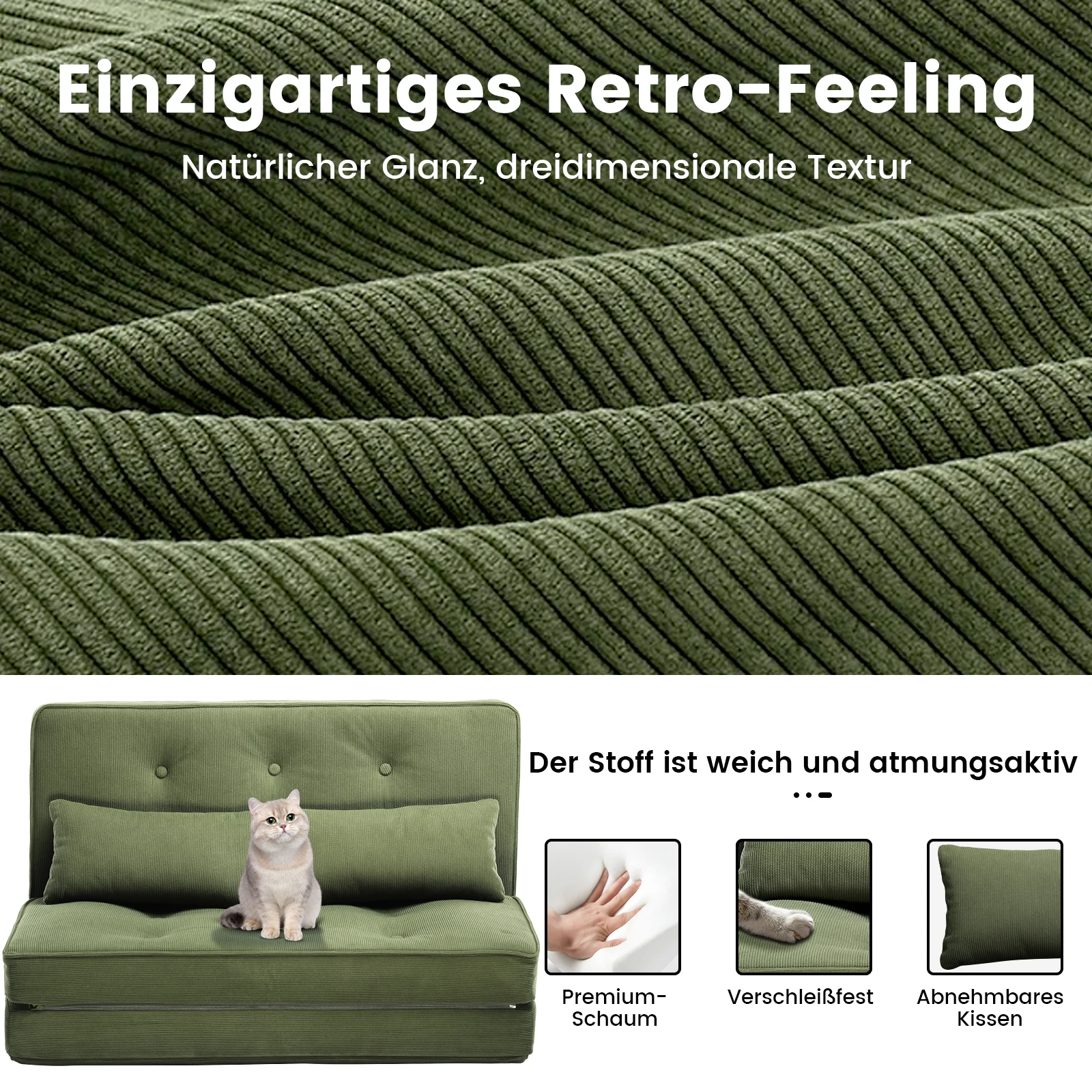 COMHOMA Sofa Couch Schlafcouch Klein Bed 2er Mini Bettsofa 6-Stufig Verstellbare Rückenlehne, Wohnzimmer, Schlafzimmer