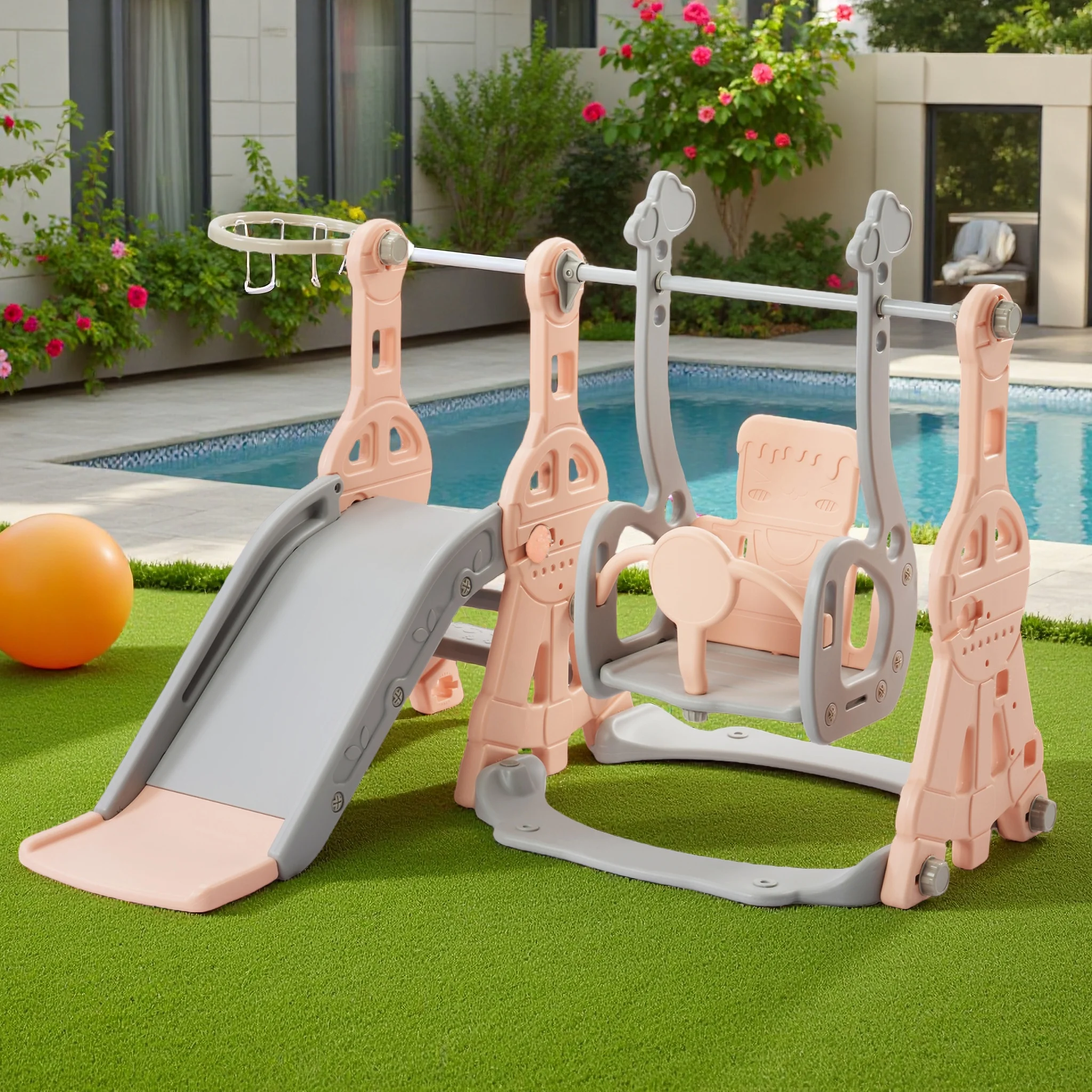 Rosahqnda Scivolo per bambini, 4 in 1, altalena + supporto da basket + scala, adatto per 1~3 anni, scivolo per interni ed esterni