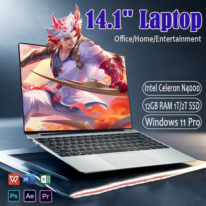 14.1 ''Ultradunne Laptop Computer Windows 11 Pro 12 GB DDR4 512 GB 1 TB SSD Intel Celeron N4000 Kantoor Studie Notebook PC Computer