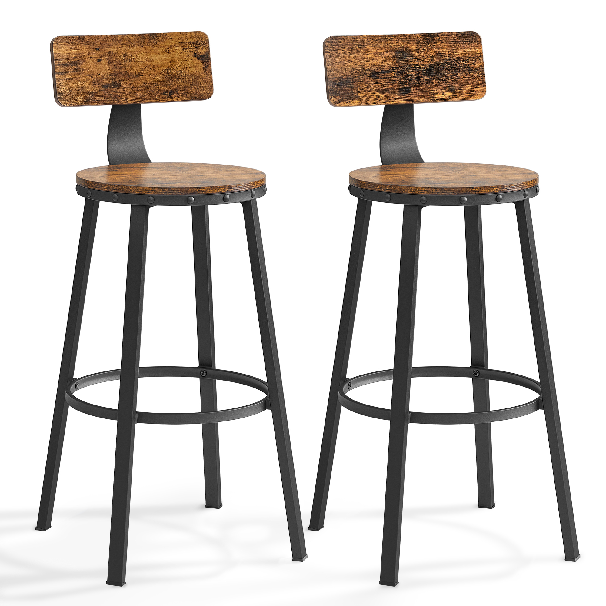 Tabouret Bar Industriel, Lot de 2, Chaises Bar Cuisine, avec Dossier, Cadre en Acier, Siège 73,5 cm de Haut, Montage Facile, Style Industriel