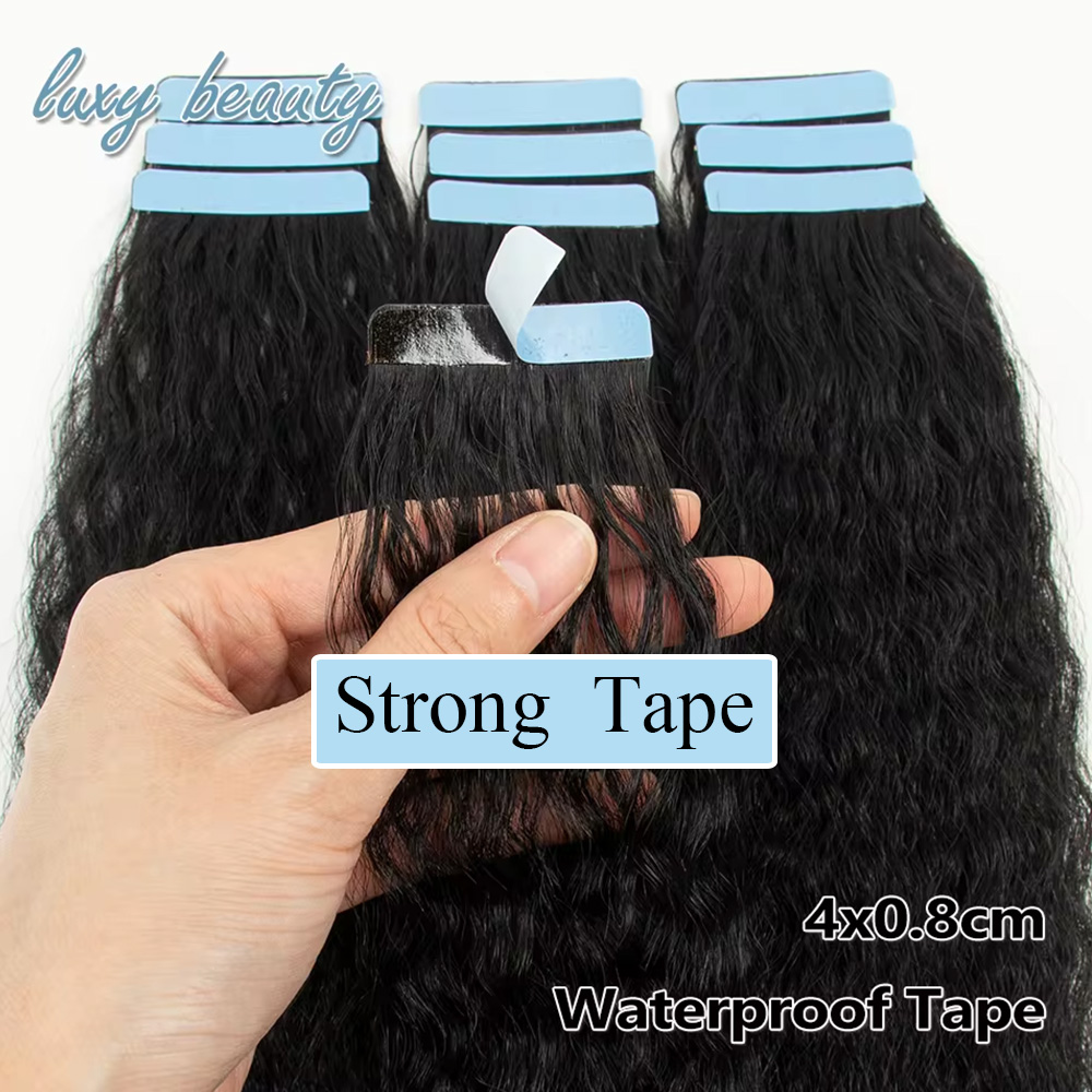 Cinta recta rizada en extensiones de cabello humano 100% Remy en cabello adhesivo Invisible brasileño negro Natural 12 "-26" pulgadas