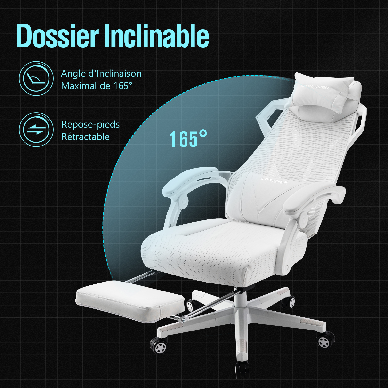Chaise de bureau ergonomique GTPLAYER Chaise de bureau Chaise de jeu Chaise pivotante Support lombaire réglable Appuie-tête Chaise de direction respectueuse du dos avec accoudoirs de connexion Roues silencieuses