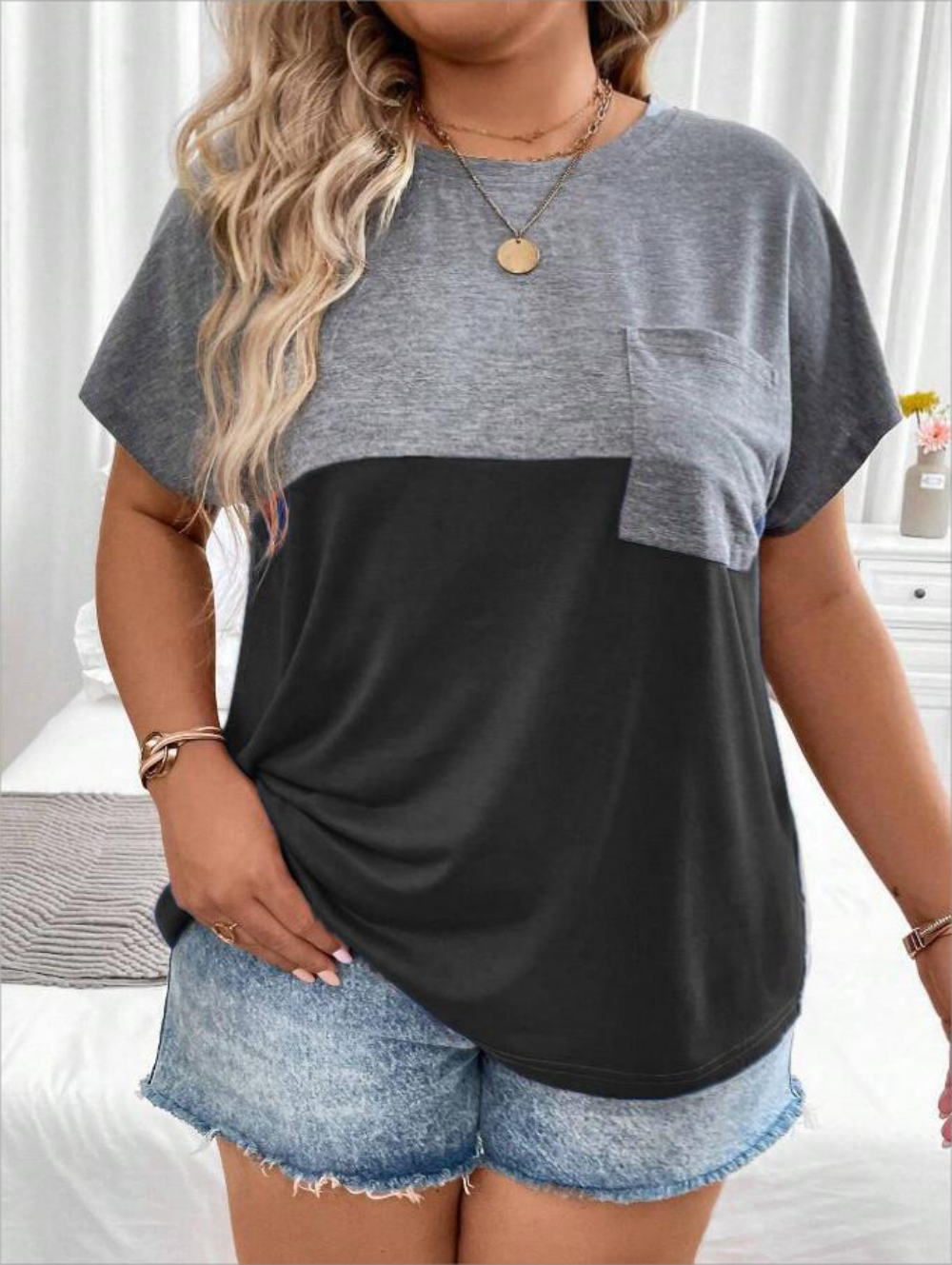 Plus Size Europäisches und amerikanisches grenzüberschreitendes neues lockeres Kurzarm-T-Shirt mit Patchwork-Tasche für Damen