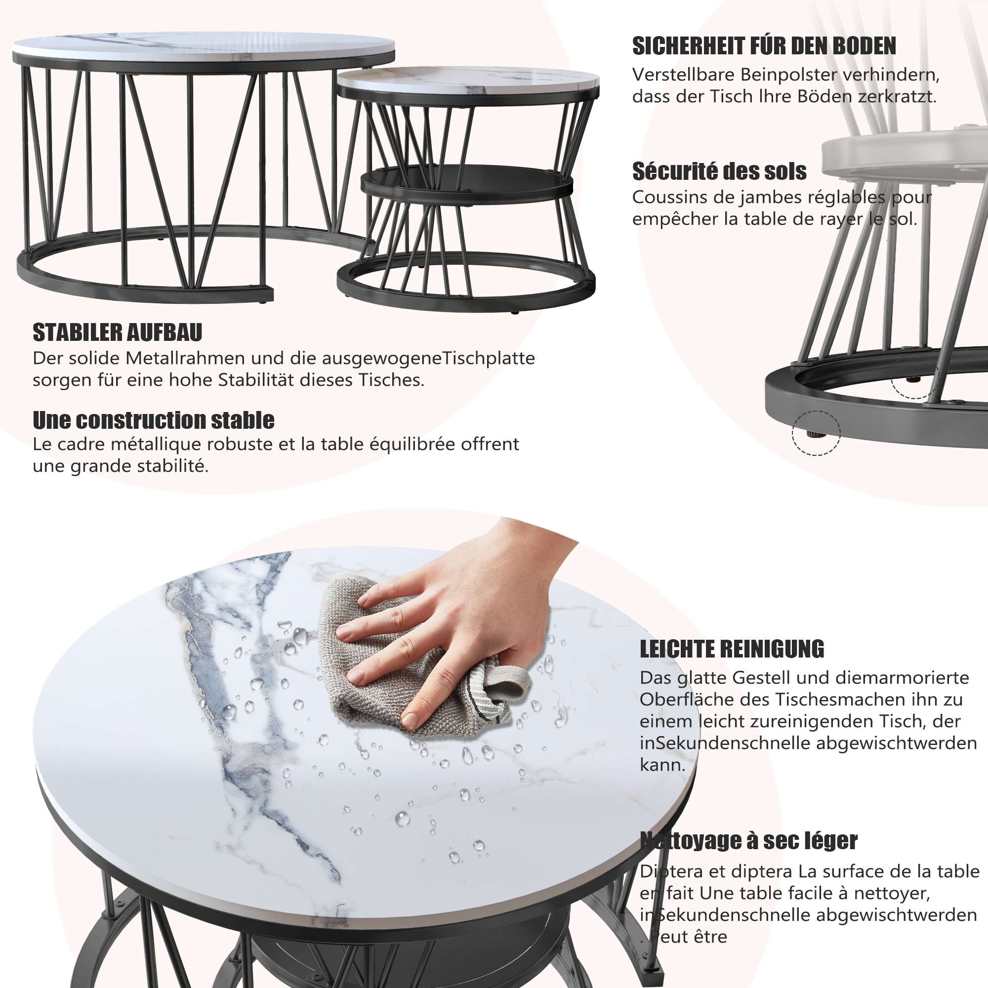 Mesa de centro redonda, conjunto de 2, mesa de centro de madeira, conjunto de mesa lateral moderna com estrutura de metal para sala de estar, varanda, escritório