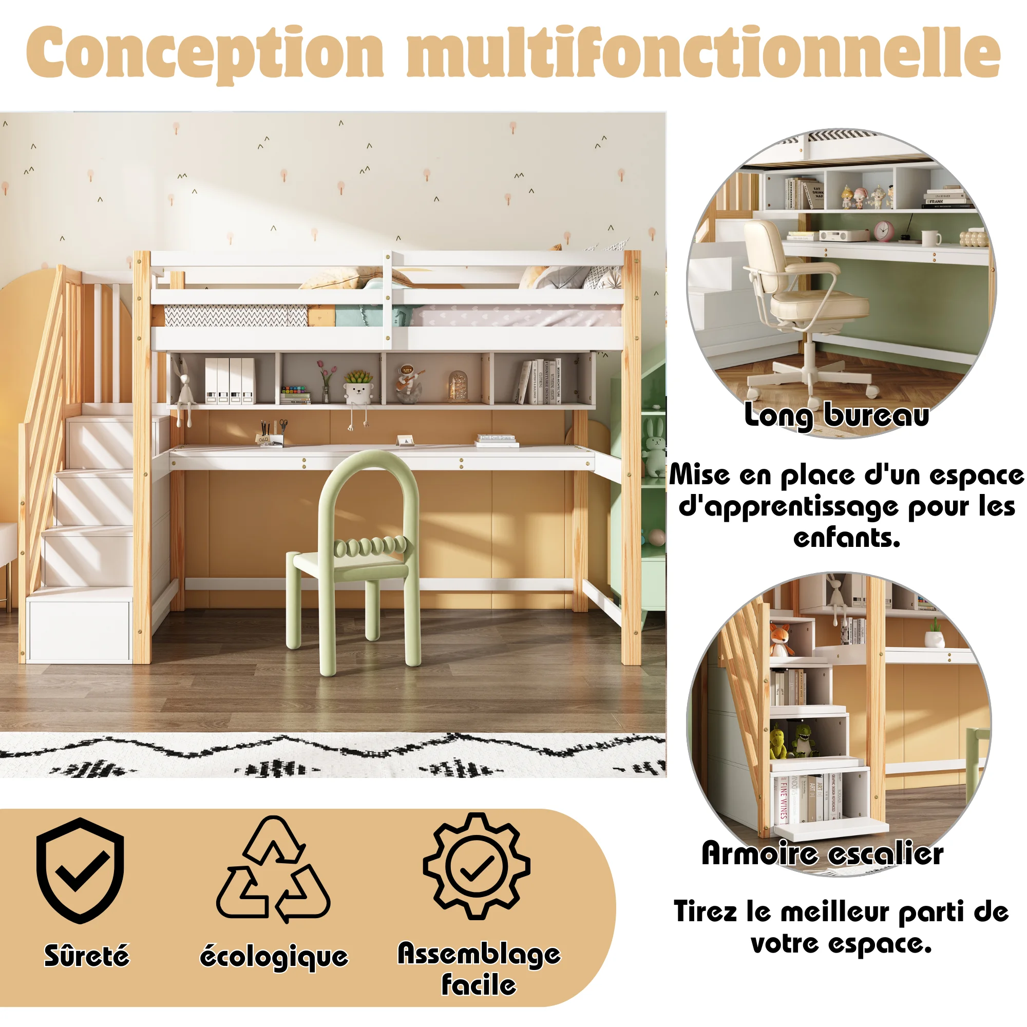 Letto per bambini letto alto con scale contenitore 90*200 cm, legno massello + MDF, letto a castello, letto per bambini con grande scrivania e ripiani,