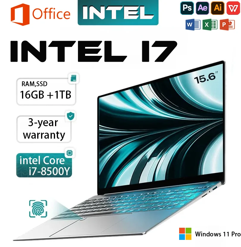 Laptop da 15,6" Intel Core 8500Y 16GB RAM 1TB SSD Notebook 1920*1080 Display HD Computer da studio per ufficio PC Windows 11 Pro