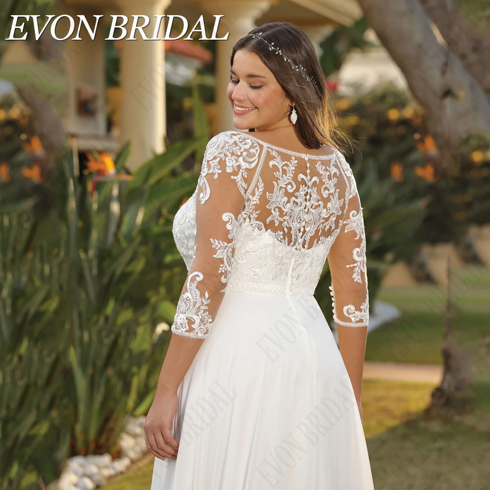 Evon Braut Zivil 3/4 Ärmel plus Größe Brautkleid für Braut V-Ausschnitt Chiffon Brautkleid Robe de Mariée A-Linie angepasstv