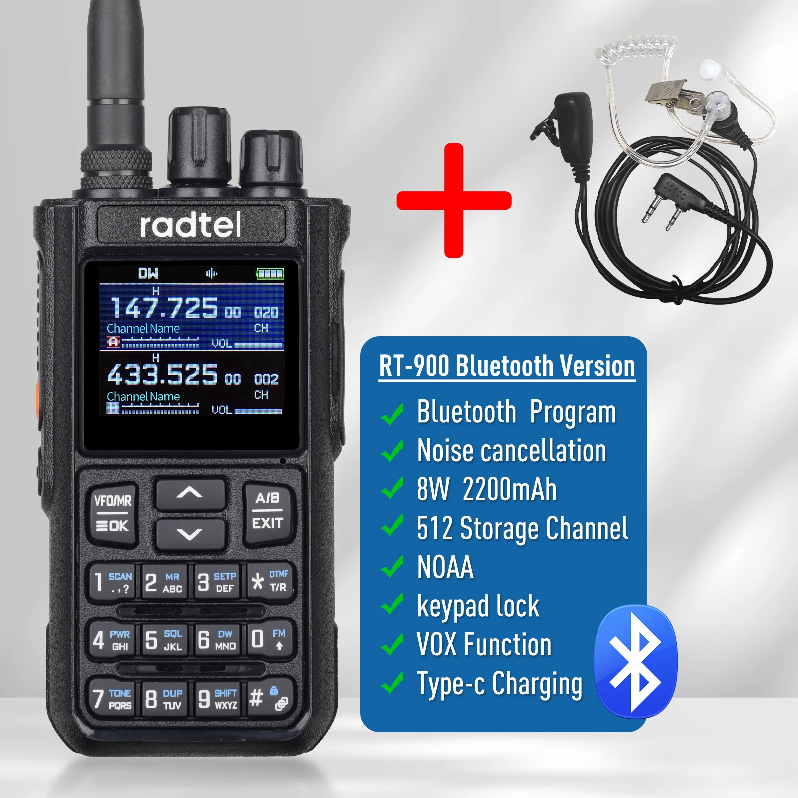 Radtel RT-900 8W Vollband-Amateurfunk Walkie Talkie 512CH Air Band Zwei-Wege-Radiosender Luftfahrt NOAA Police Marine River PTT