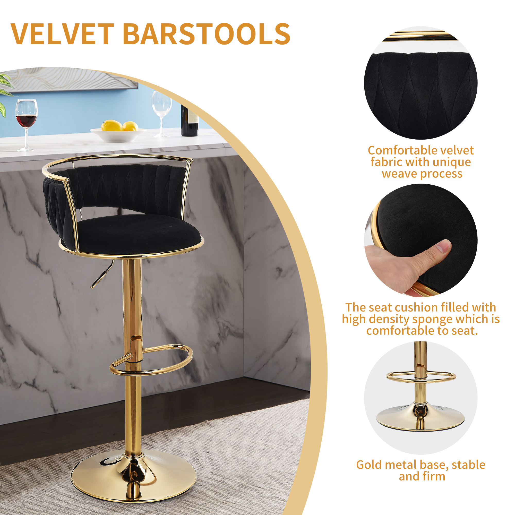 Set di 2 sgabelli da Bar, con gambe placcate in oro e schienale in velluto, regolabile in altezza e girevole a 360 °, con poggiapiedi, nero