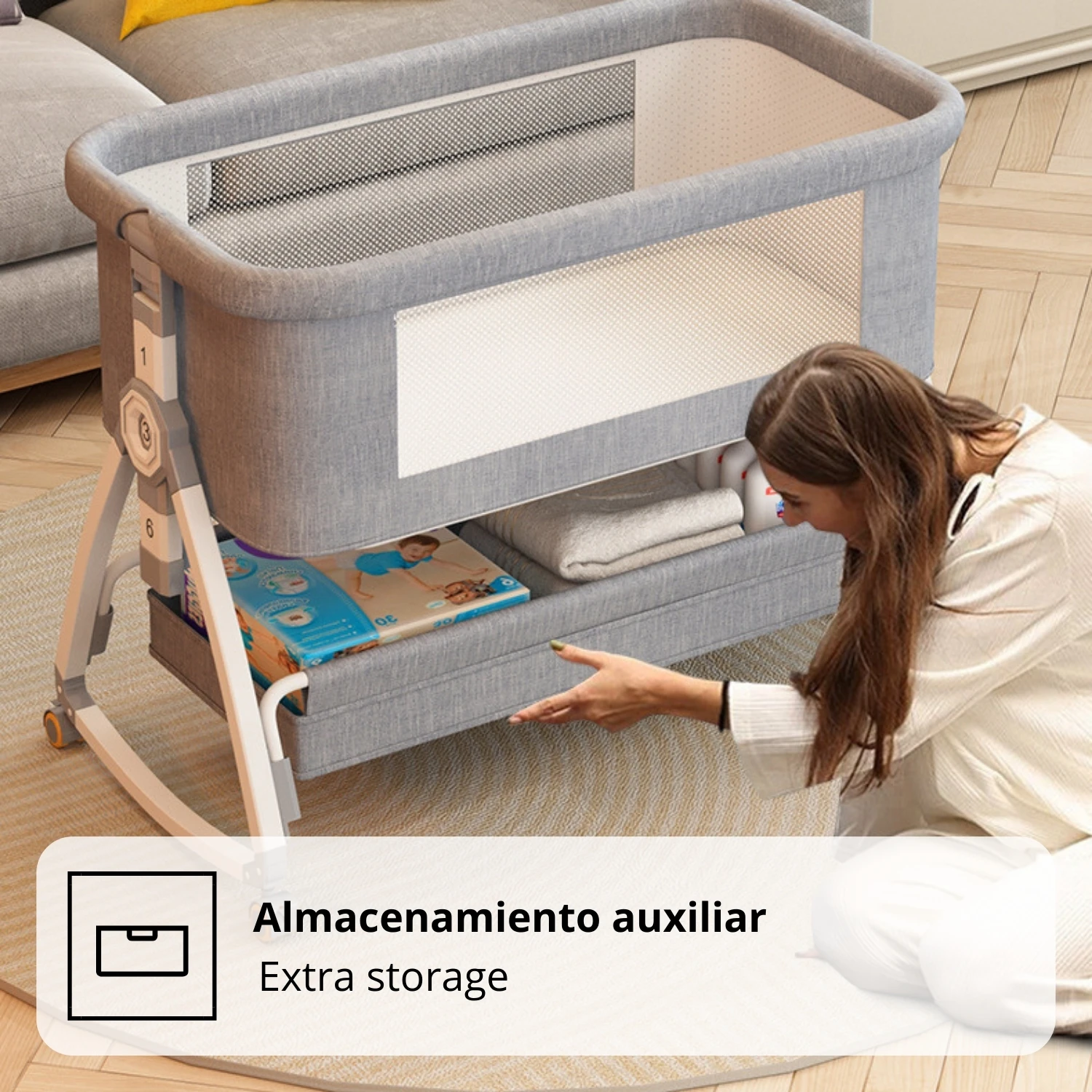 JUICYGOODS - Cuna 3 en 1 covertible, Hasta 13 kg, Cuna mecedora, Colecho, Altura ajustble, Inclinación, Con 4 ruedas, Sistema de bloqueo de seguridad en ruedas, Colchón ergonómico de espuma incluido