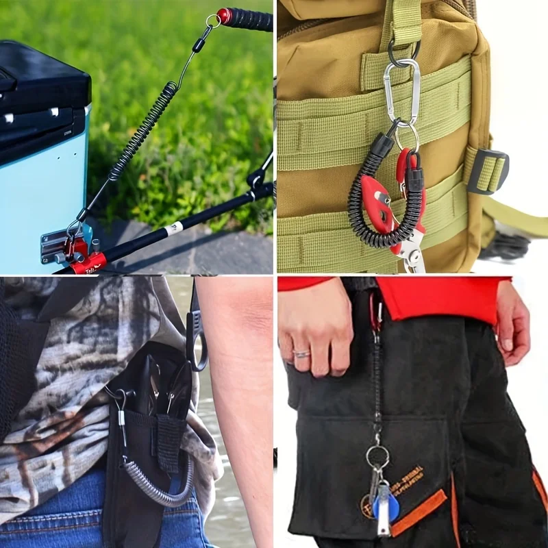 Pesca retráctil con cuerda de mano antipérdida, resorte telescópico con mosquetón, cuerda de retención, herramientas de pesca, aparejos