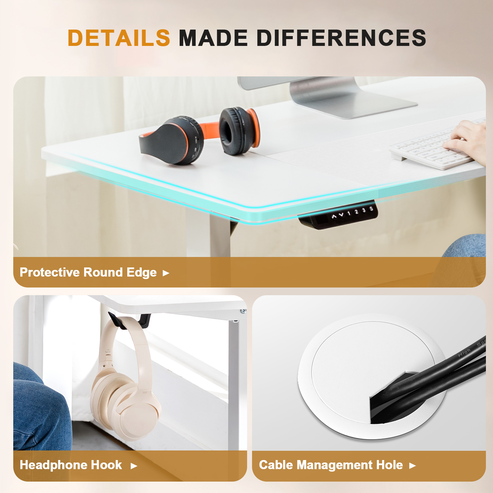 COMHOMA Biurko z regulacją wysokości z portem USB i hakiem, Elektrycznie regulowane biurko komputerowe, Biurko do pracy na stojąco i siedząco, Biurko do pracy na stojąco