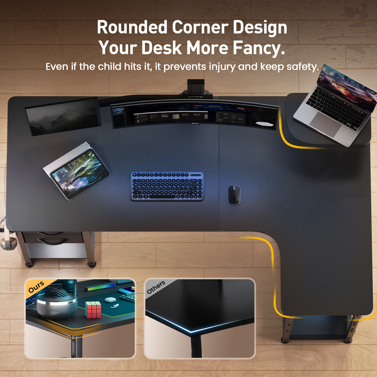 L-Shape Gaming Desk with Drawers, Carbon Fiber Computer Desk with Monitor Arm, Gaming Desk for Home Office Desks