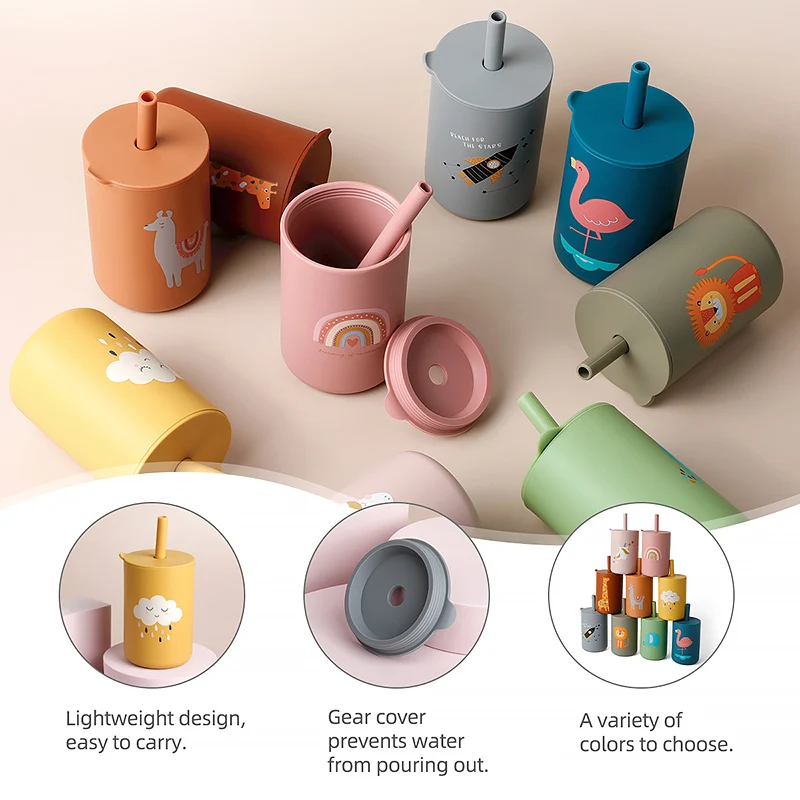 เด็ก Feeding Drinkware ถ้วยฟางเด็กการ์ตูนการเรียนรู้ถ้วยให้อาหารซิลิโคนเกรดอาหารเด็กวัยหัดเดินขวดน้ําบนโต๊ะอาหาร BPA ฟรี