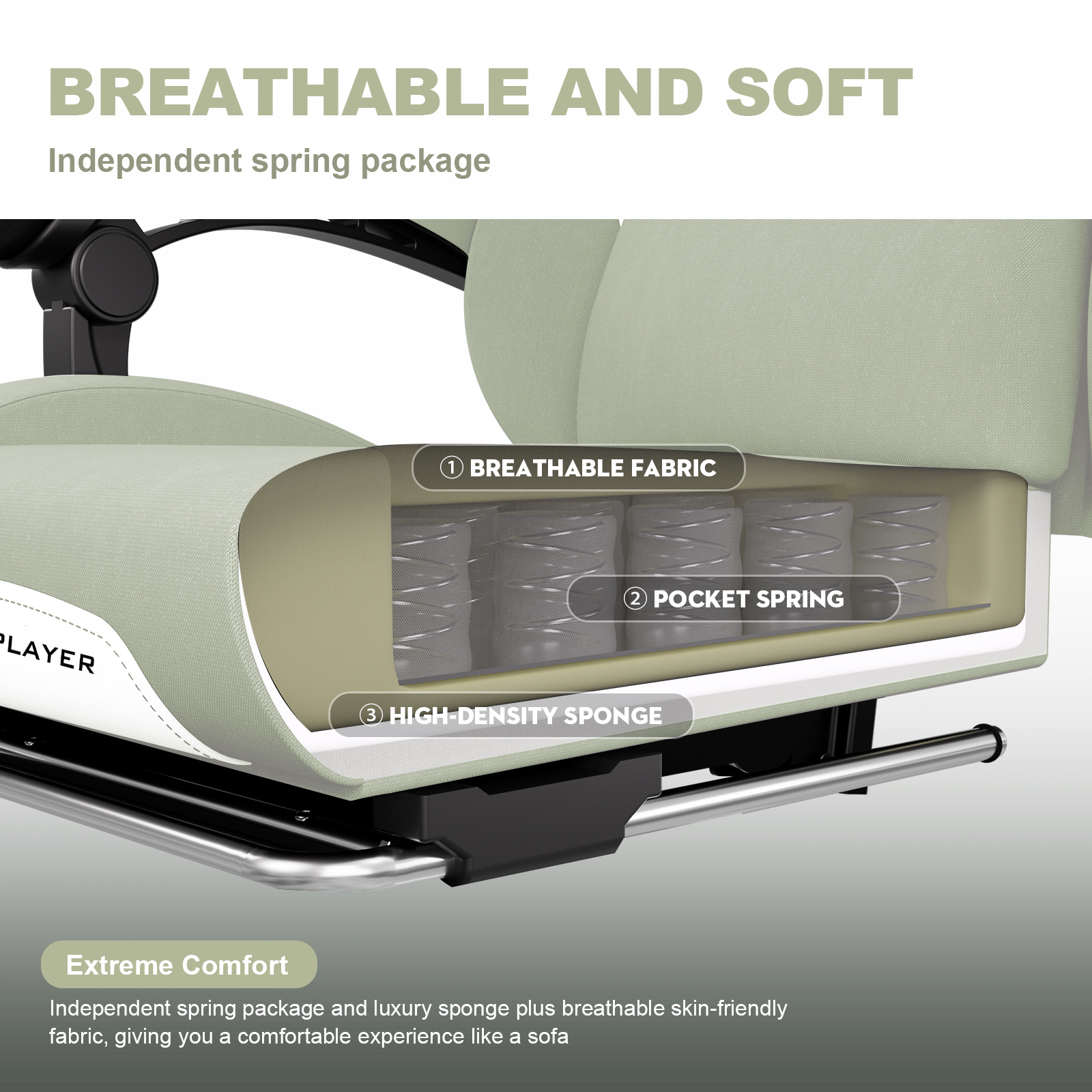 Sedia da gioco GTPLAYER, sedia da gioco, sedia da ufficio traspirante realizzata in tessuto di alta qualità, sedia ergonomica per PC, sedia da scrivania regolabile e girevole con poggiapiedi