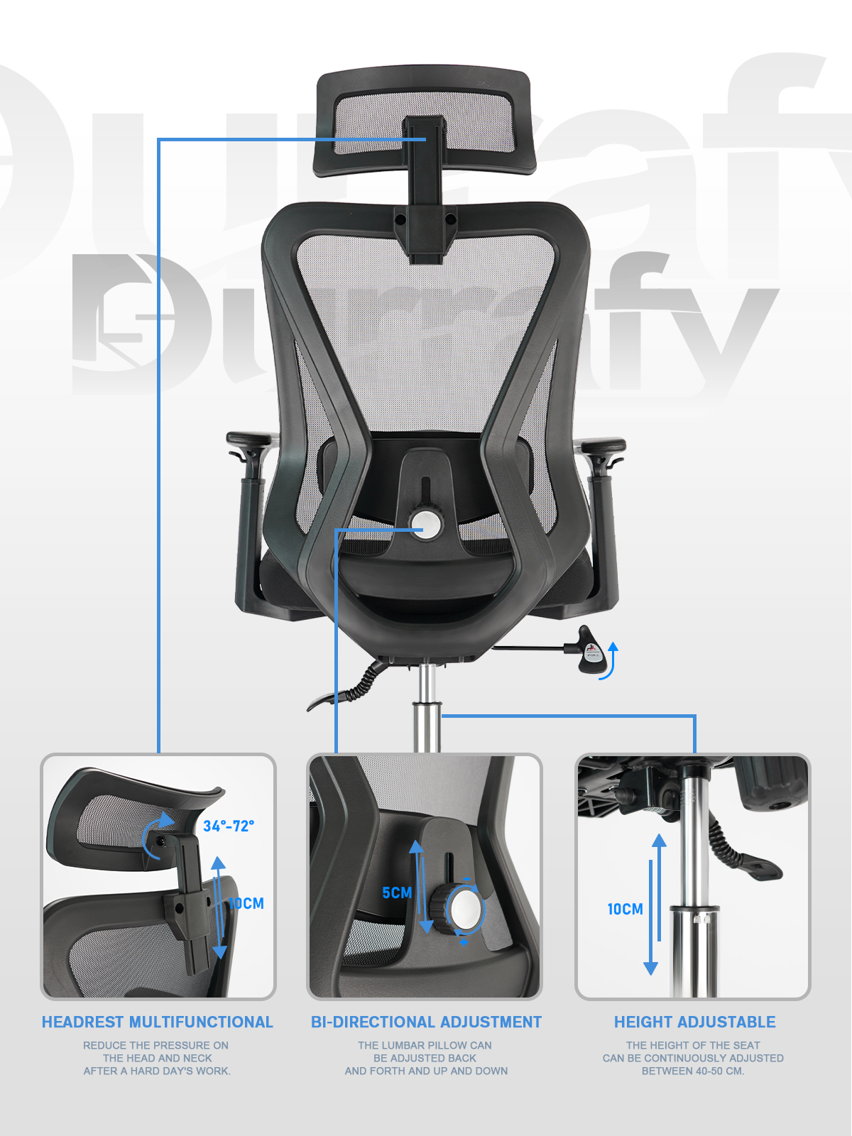 Durrafy Ergonomische bureaustoel, pc-gamingstoel, bureaustoel met hoofdsteun, armleuning, lendensteun, kantel- en schommelfunctie