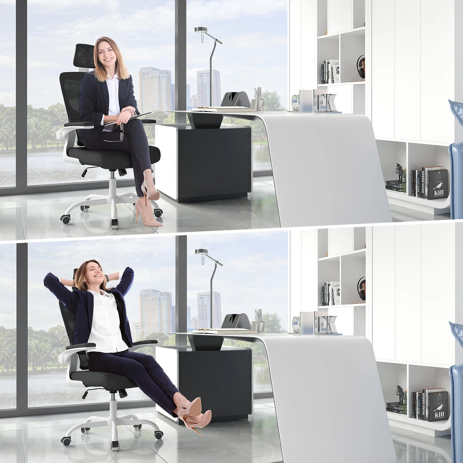 Naspaluro Cadeira de escritório ergonômica Cadeira de mesa com apoio de braço dobrável Cadeira giratória para jogos com encosto respirável e altura ajustável