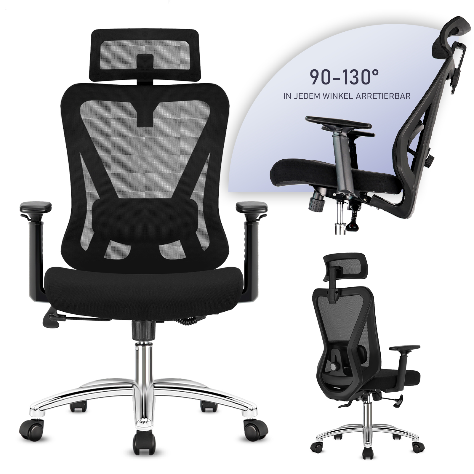 Durrafy Ergonomische bureaustoel, pc-gamingstoel, bureaustoel met hoofdsteun, armleuning, lendensteun, kantel- en schommelfunctie