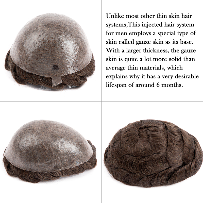 Männliche Haarprothese 0,1–0,12 mm Injektionshaut Mann Perücke Langlebige Perücken für Männer 100 % Echthaar Systemeinheit Kapillarprothese