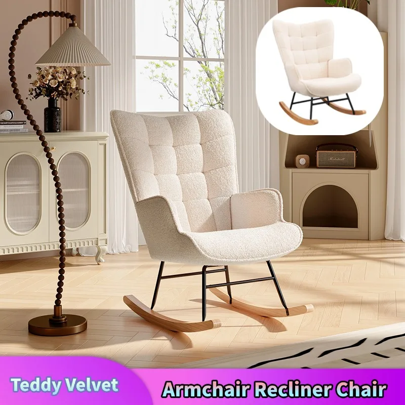 Comanlai Schaukelstuhl, Sessel, Liegestuhl, Stillstuhl, Schaukelstuhl, Schaukelstuhl aus Teddy-Samt, mit karierter Rückenlehne