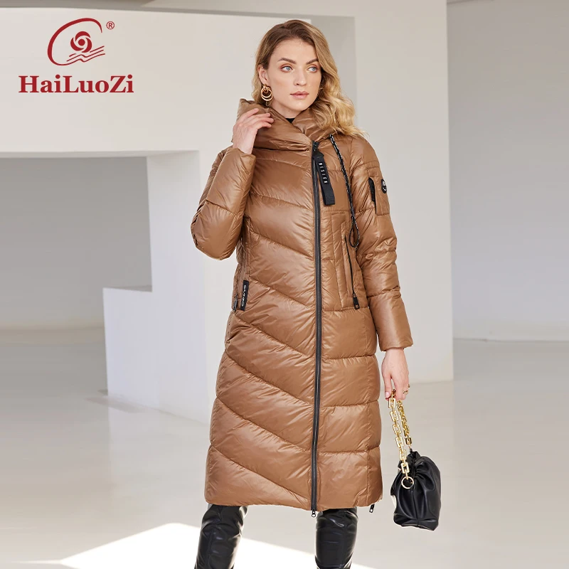 HaiLuoZi 2024 nueva chaqueta de invierno para mujer, Parkas largas y cálidas a prueba de viento con capucha y cremallera acolchadas informales ajustadas de algodón para mujer, abrigo para mujer 6055