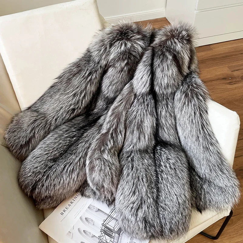 Echte Natürliche Silber Fuchs Pelzmantel High-end-Qualität Echte Frauen Winter Luxus Weibliche Jacke Langarm