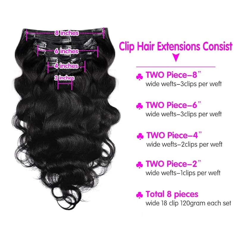 Vague de corps 100% pince brésilienne dans les Extensions de cheveux cheveux humains 8 pièces Extensions de cheveux Remy Clip ins pour les femmes avec 18Clips 120g