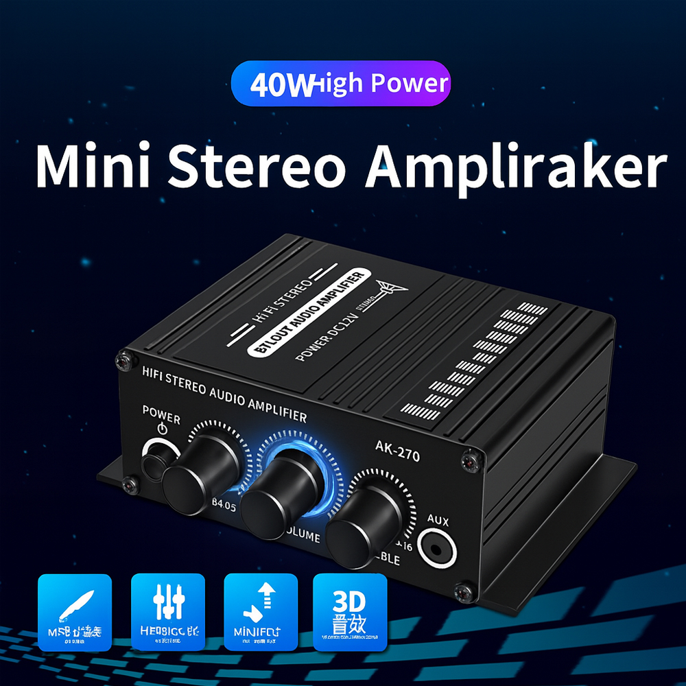 Mini HiFi Stereo Audio Verstärker AK270 2-Kanal 12V 40W Auto/Home Audio Power Amp RCA AUX Eingang/Bass Höhen Steuerung