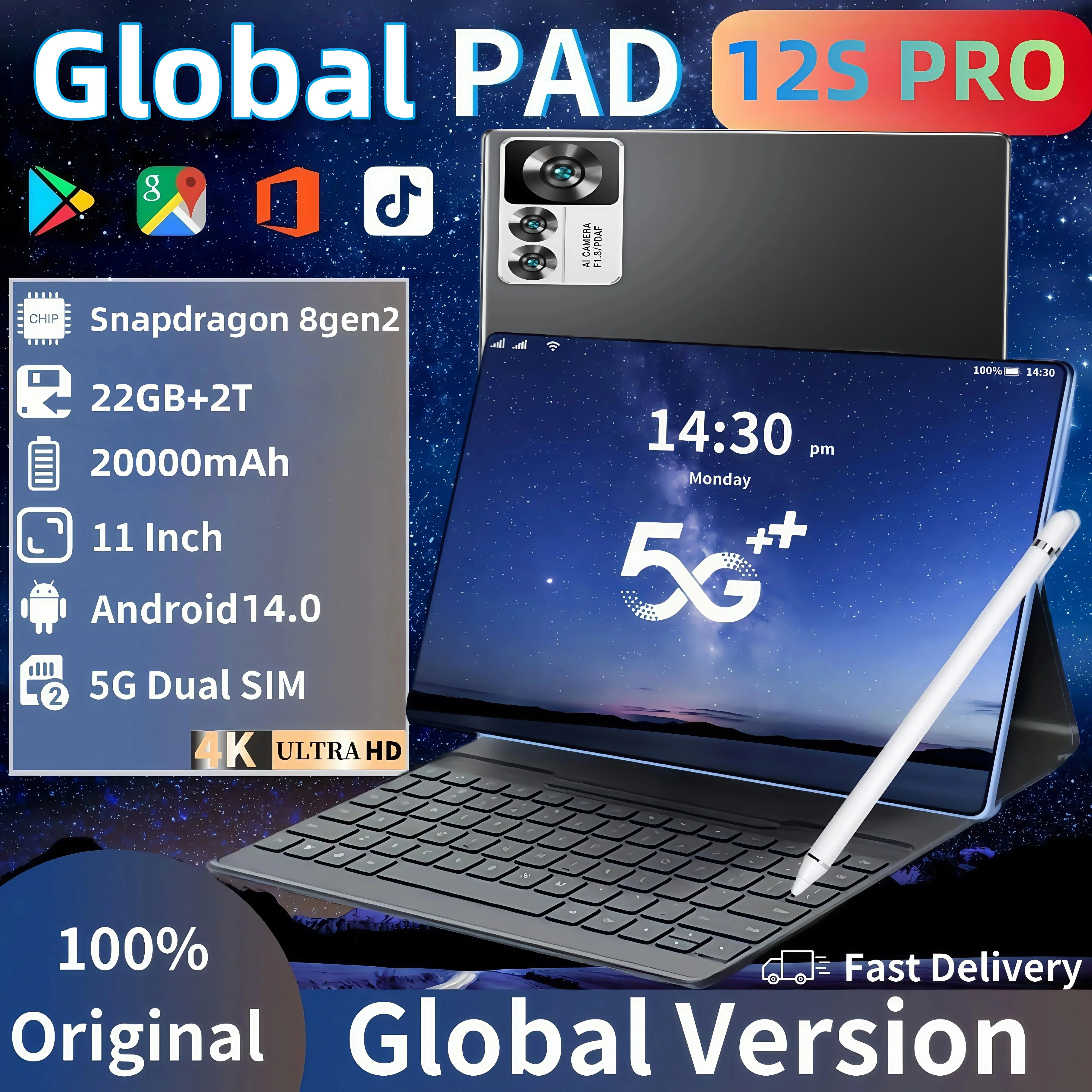 2025 nueva tableta original Pad 12S Pro 22GB + 2T 11 pulgadas HD 4K Android14 20000mAh 5G llamada telefónica Dual SIM WiFi GPS WPS Tablet PC