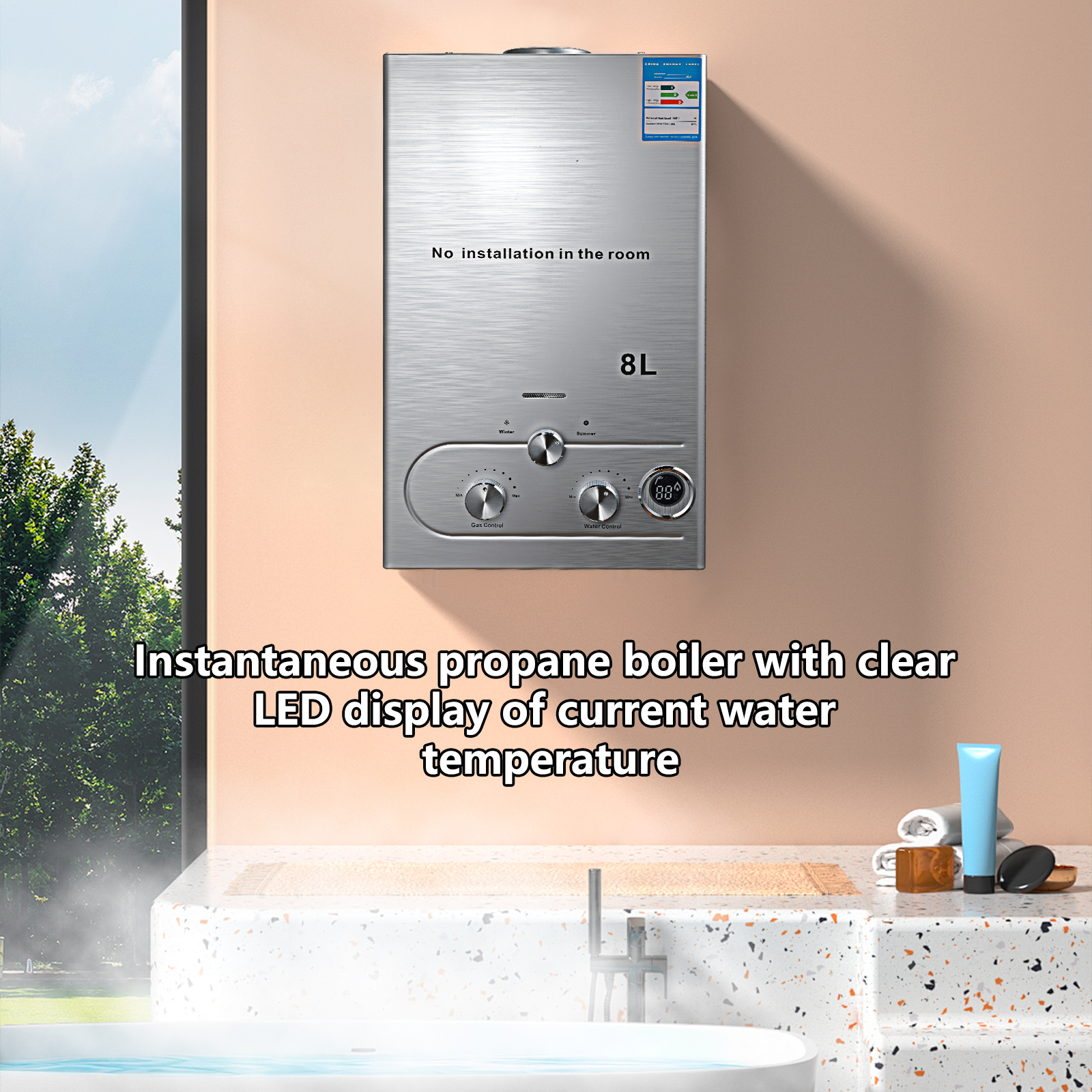 Aquecedor de água portátil sem tanque, 8l/6l lpg, gás propano, montagem na parede, display digital com kit de chuveiro
