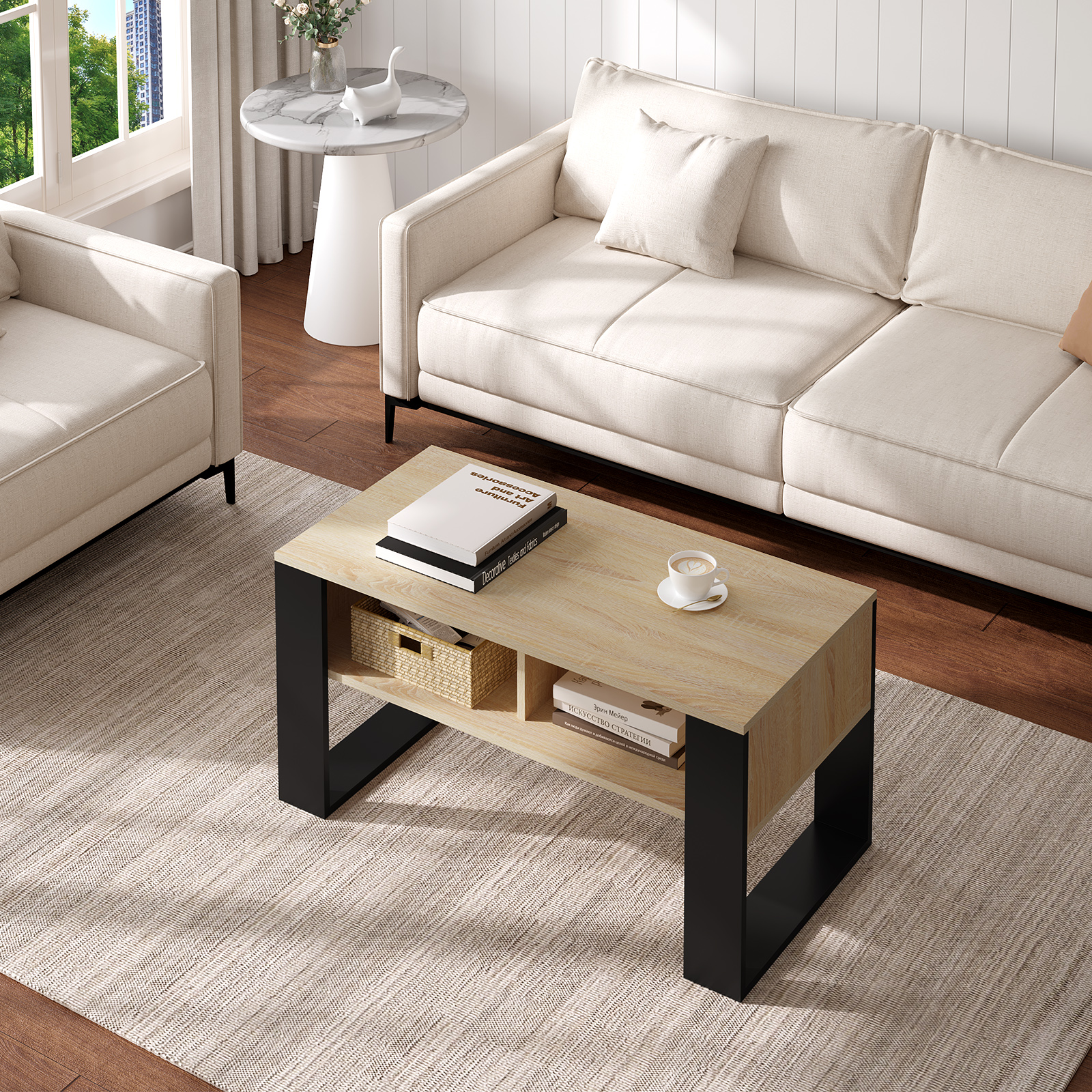 Mesa de té y centro con almacenamiento, mesa auxiliar con 2 compartimentos abiertos, mesa de sofá de estilo industrial vintage para sala de estar y dormitorio