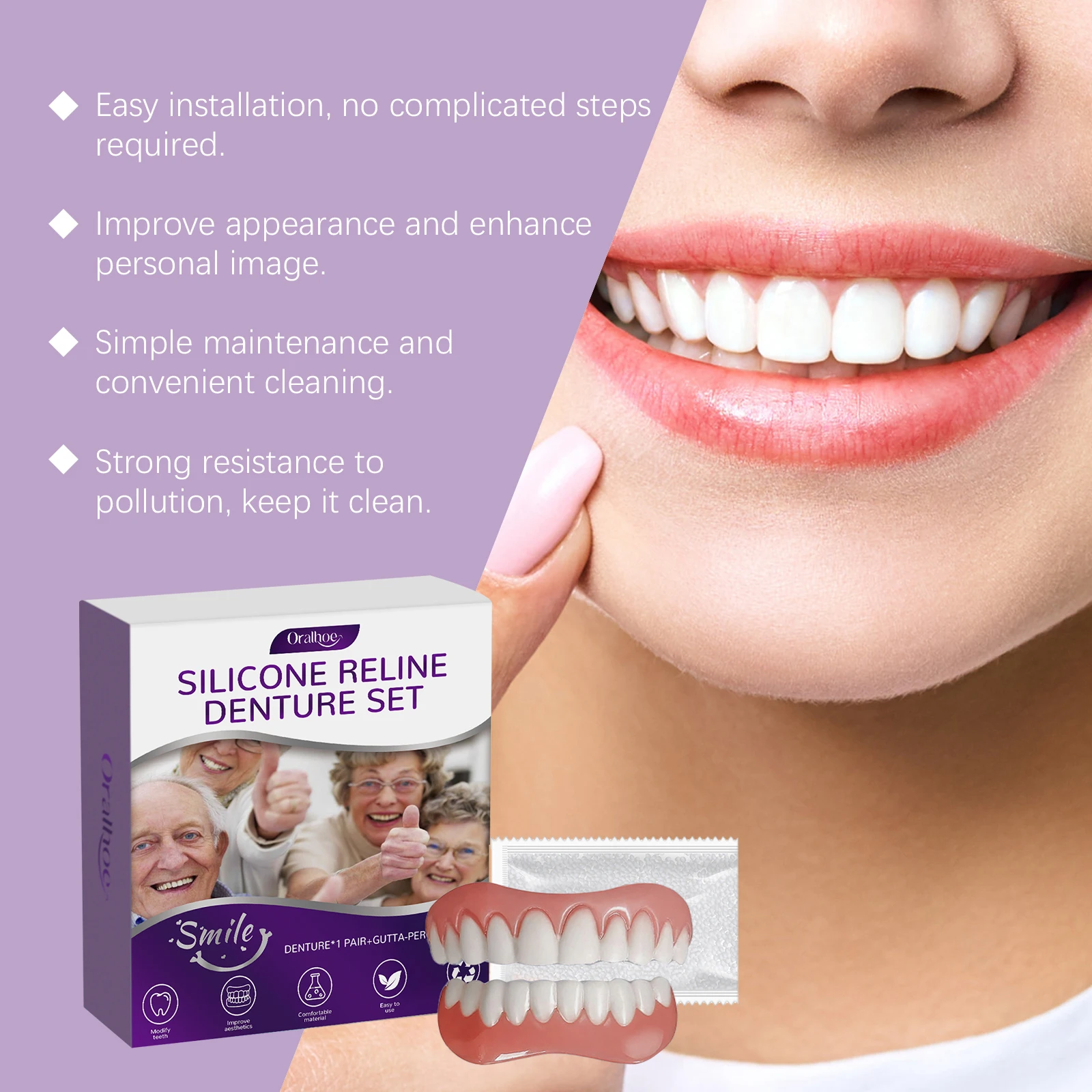Silicone Reline Denture Set Denture Silicone Liners High Elasticity Soft Denture Kit Teeth Upper and Lower Set for Men and Women
