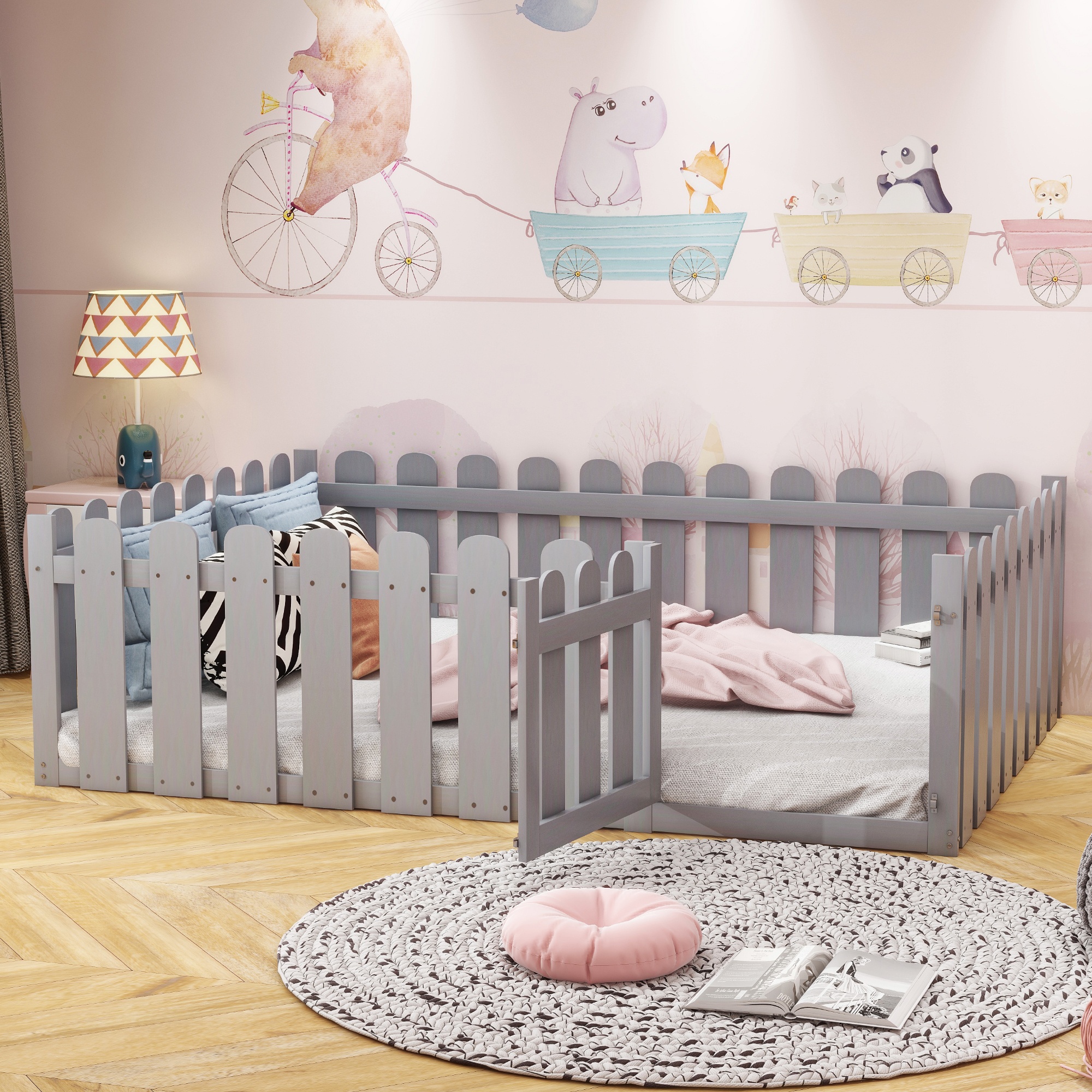 Kinderbett Bodenbett 140 x 200cm Bettrahmen aus reinem Holz mit Zaun und Türschutz, um Ihr Kind sicherer zu machen