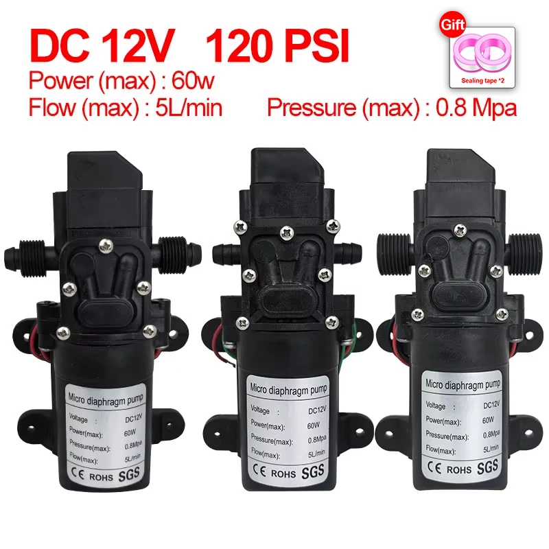Bomba de diafragma de alta pressão, mini bomba elétrica autoescorvante, máquina de lavar água, pulverização de pesticidas, dc12v 120psi 60w 5l/min