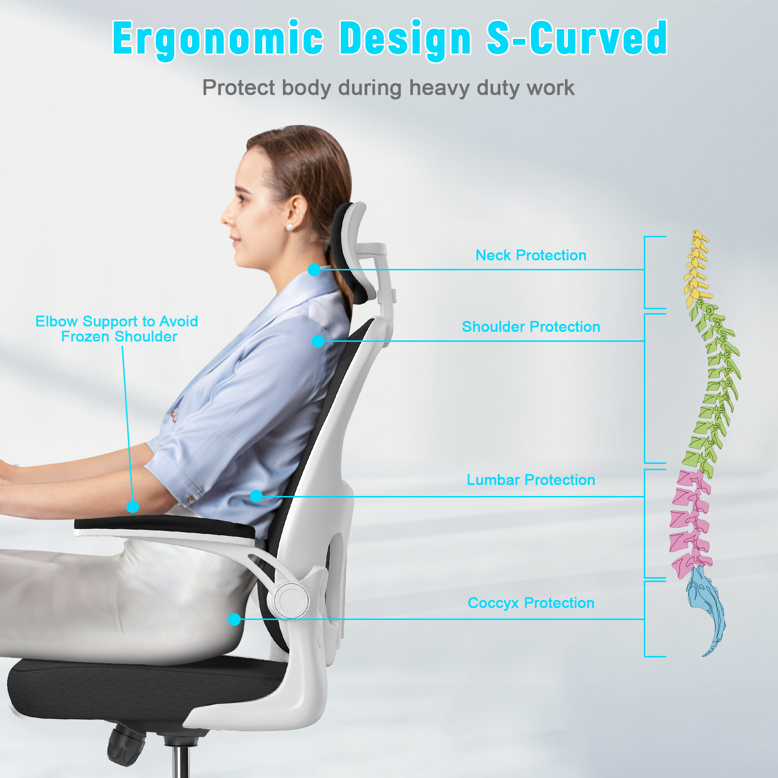 Ergonomic Office Chair Breathable Mesh Cover Desk Chair Adjustable Armrests Headrest Lumbar Support 360° Swivel Chair
