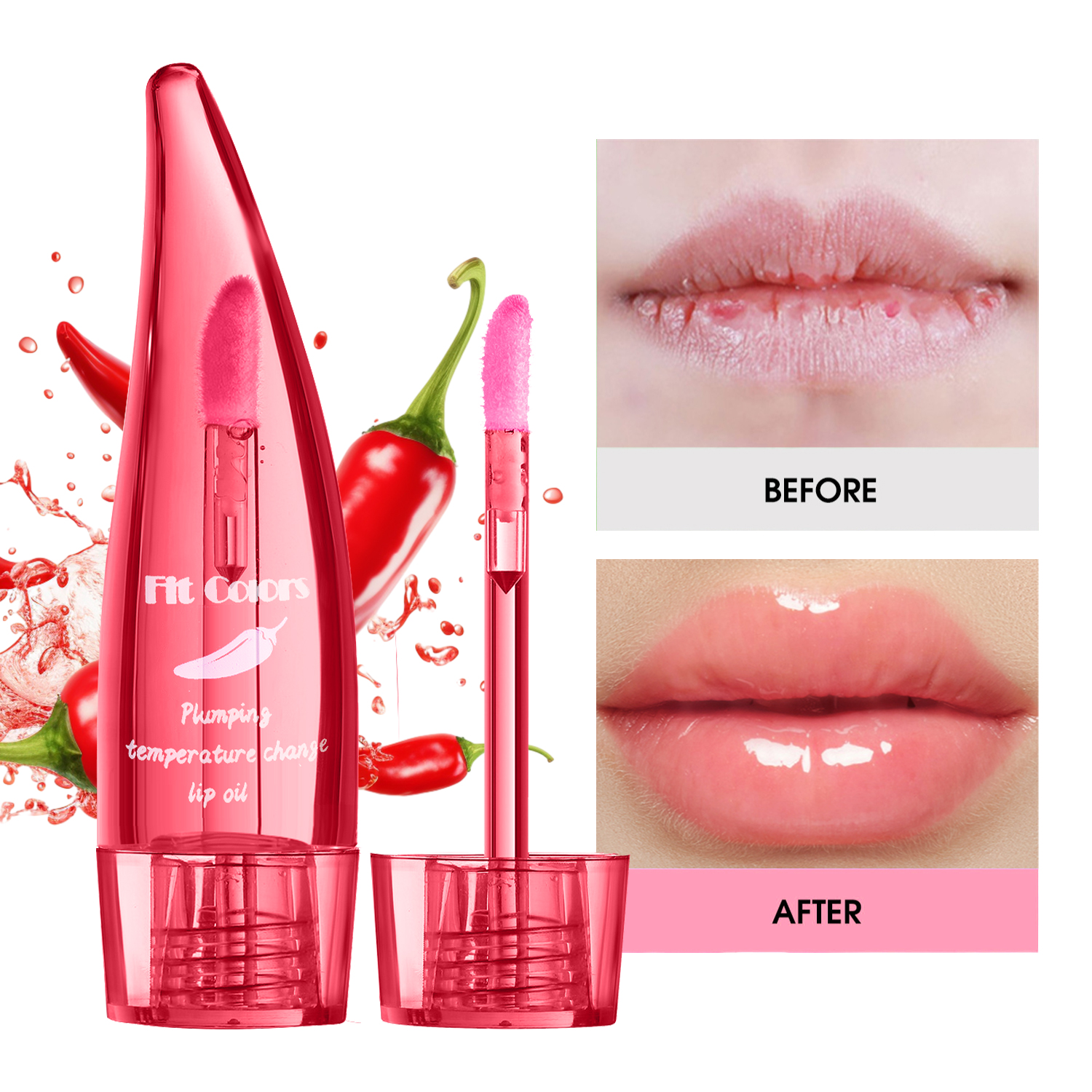Aufpolsterndes Lippenöl mit Aloe Vera und Chili |   Temperaturaktivierter Farbwechsel |   Feuchtigkeitsspendender und feuchtigkeitsspendender Lipgloss für vollere Lippen
